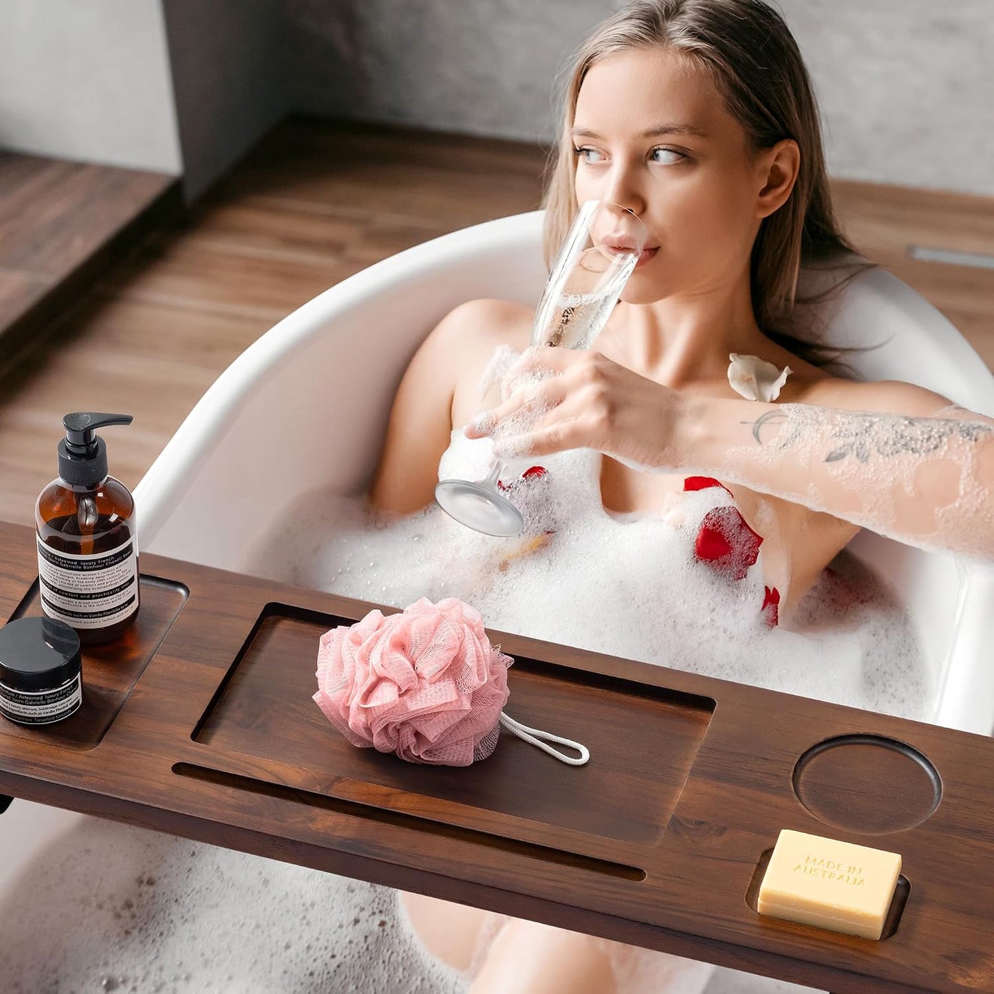 Teak Bathtub Tray for Freestanding Tubs - 35" Heavy-Duty Luxury Bath Caddy, Non-Slip Zero-Wobble Design, Water-Resistant Spa Organizer with Wine Glass & Phone Holder
