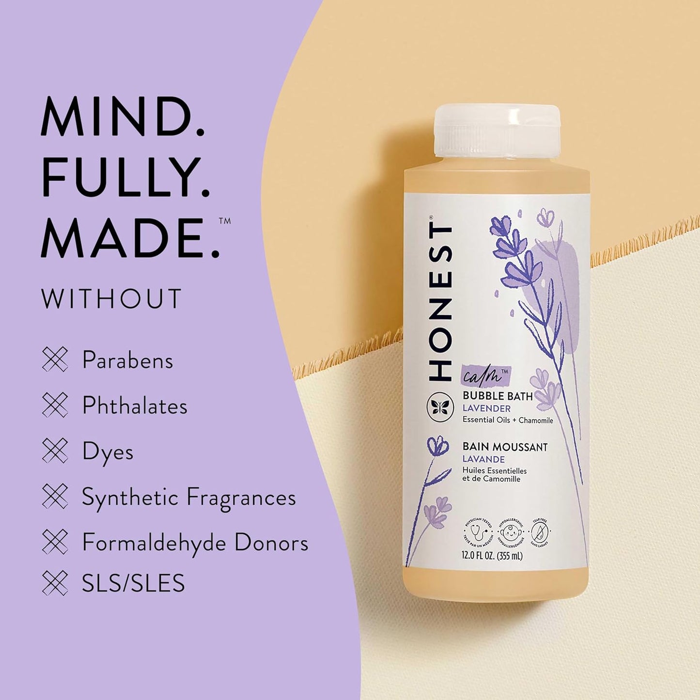 The Honest Company Foaming Bubble Bath & Baby Wash, Tear-Free, Hypoallergenic, Natural Formula, Lavender Calm Scent, 12 fl oz