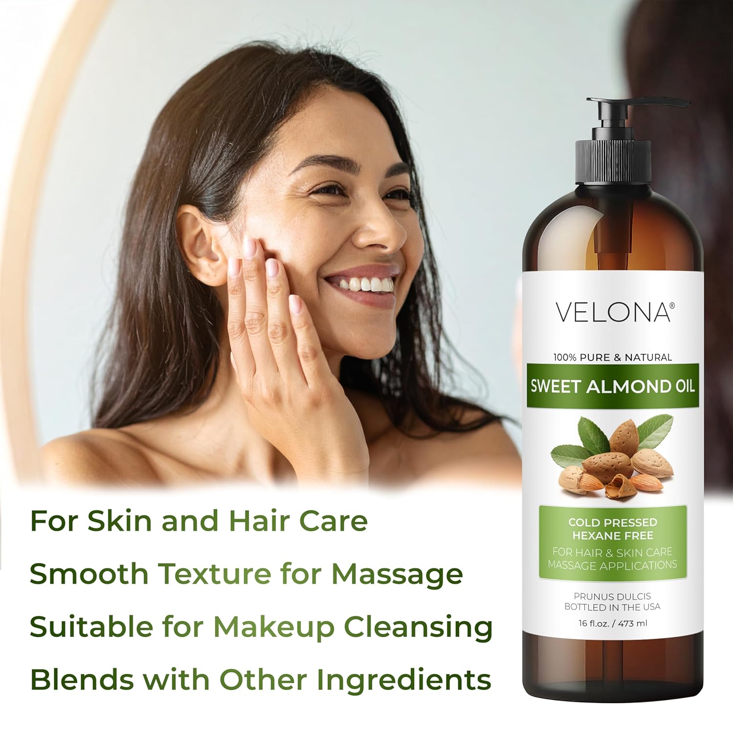 velona Sweet Almond Oil - 16 Fl Oz | 100% Pure and Natural Carrier Oil |Cold Pressed | Skin, Hair, Body & Face Moisturizing | Use Today - Enjoy Results…