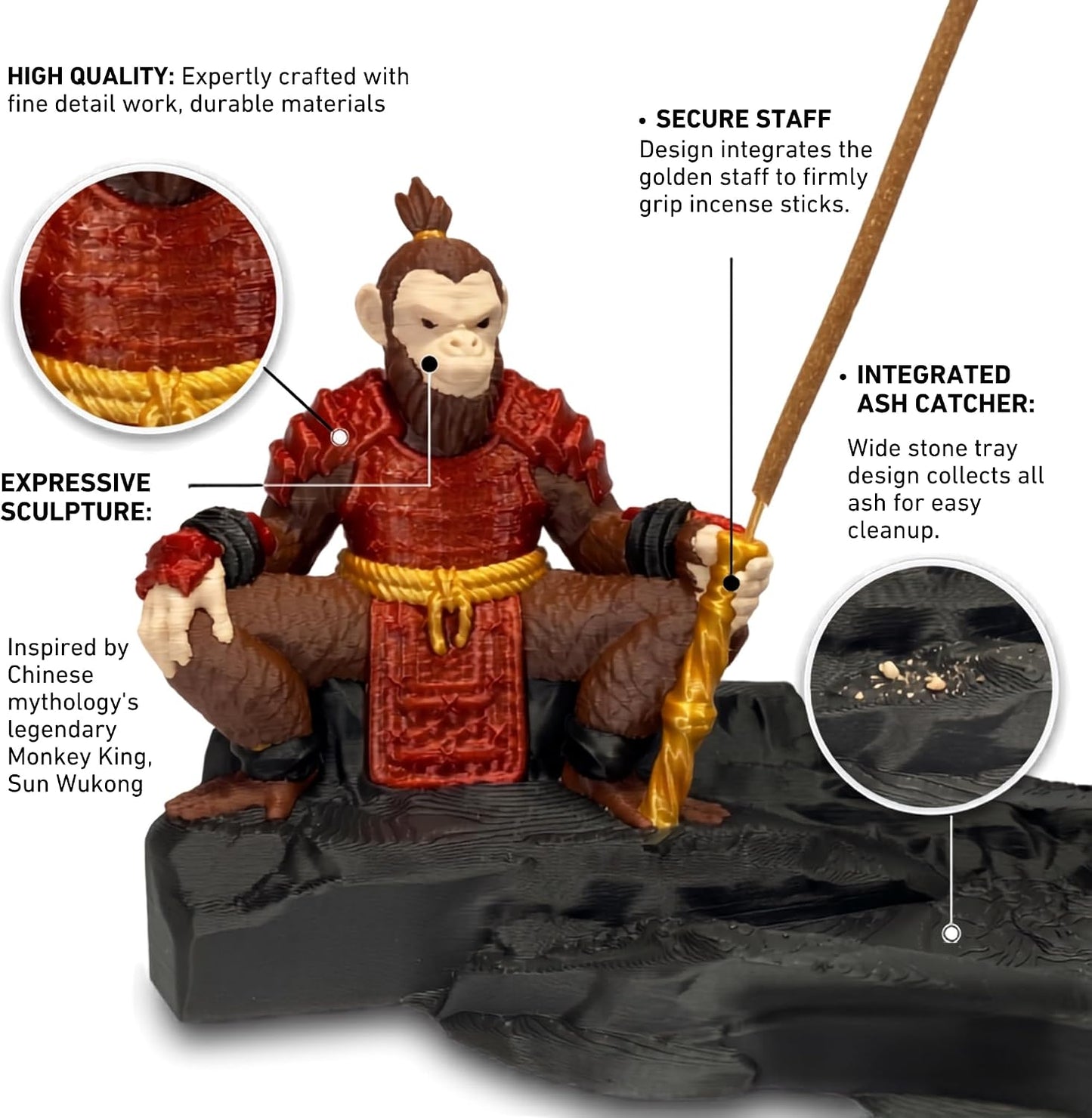 Sun Wukong Incense Holder for Sticks, Monkey King Figurine Ash Catcher, Decorative Incense Burner Statue, Chinese Mythology Zen Desk Decor for Home Office Shelf