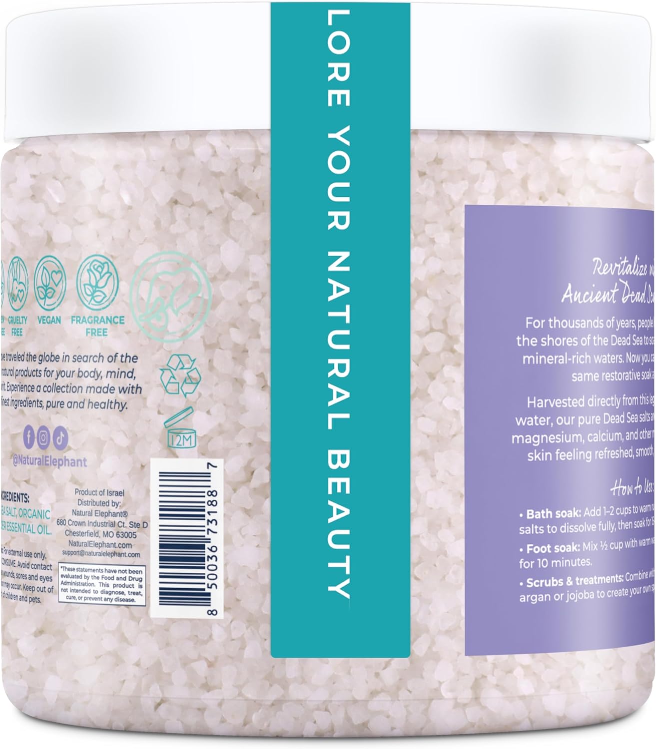 Natural Elephant Dead Sea Bath Salt Bathing and Foot Soak for Relaxing and Nourishing- 100% Pure with Essential Oil - Medium Coarse Grain (18 oz Jar, Lavender)