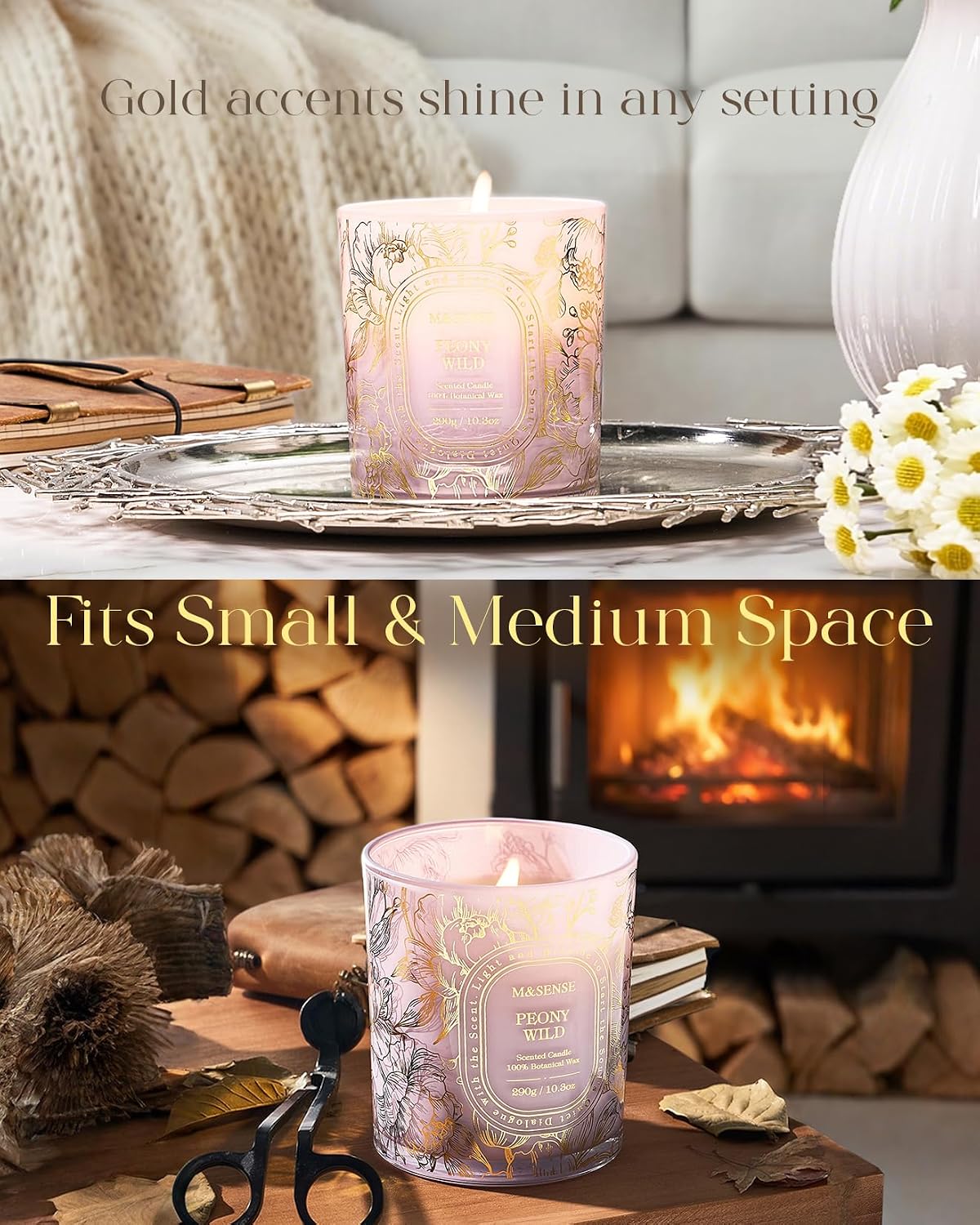 M&SENSE Wild Peony Soy Scented Candle, 10.3oz Golden Stamped | 55H Burn Time, Clean Non-Toxic, Summer Floral Romantic, Housewarming Gift