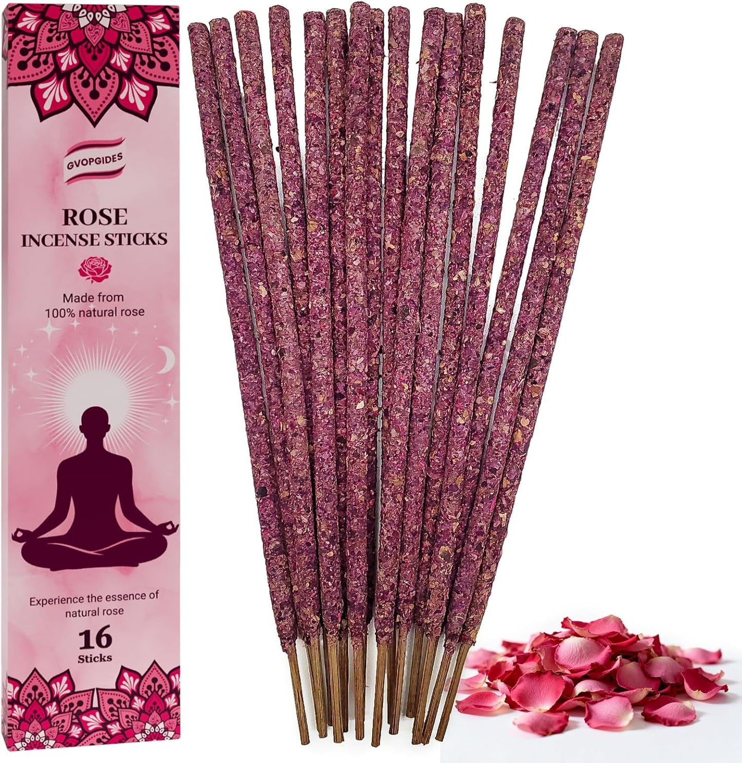 Rose Incense Sticks Natural - 16 Sticks Handcrafted Rose Sticks for Relaxation, Meditation, Yoga, Spiritual Purification & Home Ambiance | inciensos aromaticos para la casa