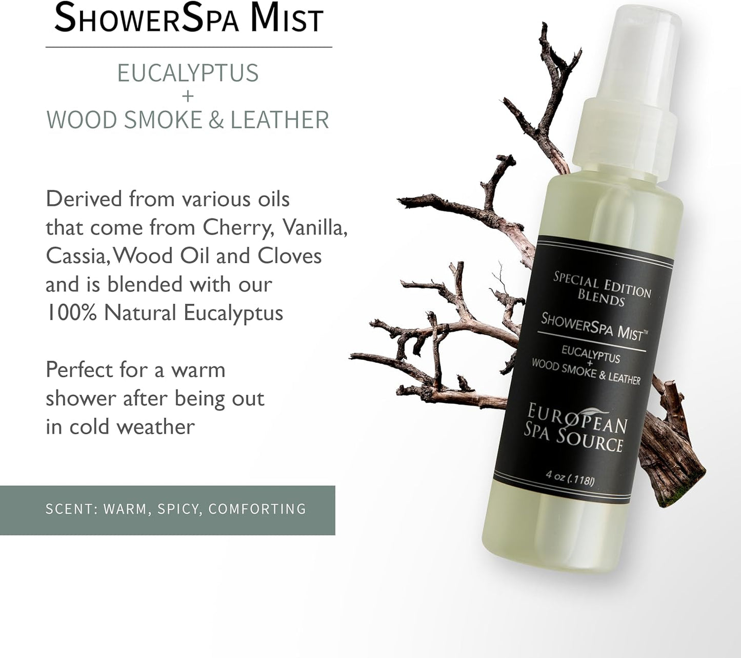 European Spa Source Special Edition - Eucalyptus, Wood Smoke + Leather ShowerSpa Mist Spray for Aromatherapy, At Home Spa Experience, Sinus Congestion Relief, and Tension Relief, 4 fl oz.