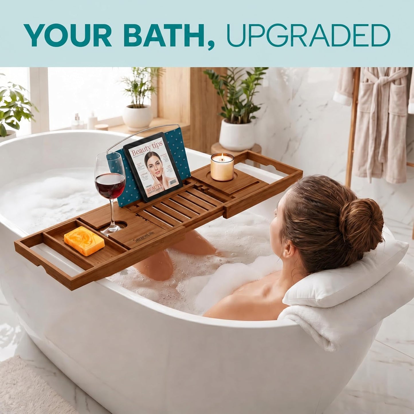 SereneLife Premium Bathtub Tray Caddy, Expandable Bath Tray, Unique House Warming Gifts, Gift for Mom, Women, New Home, Wedding, Anniversary, Bridal Shower, Universal Fit for All Tub - Brown, Gift Set