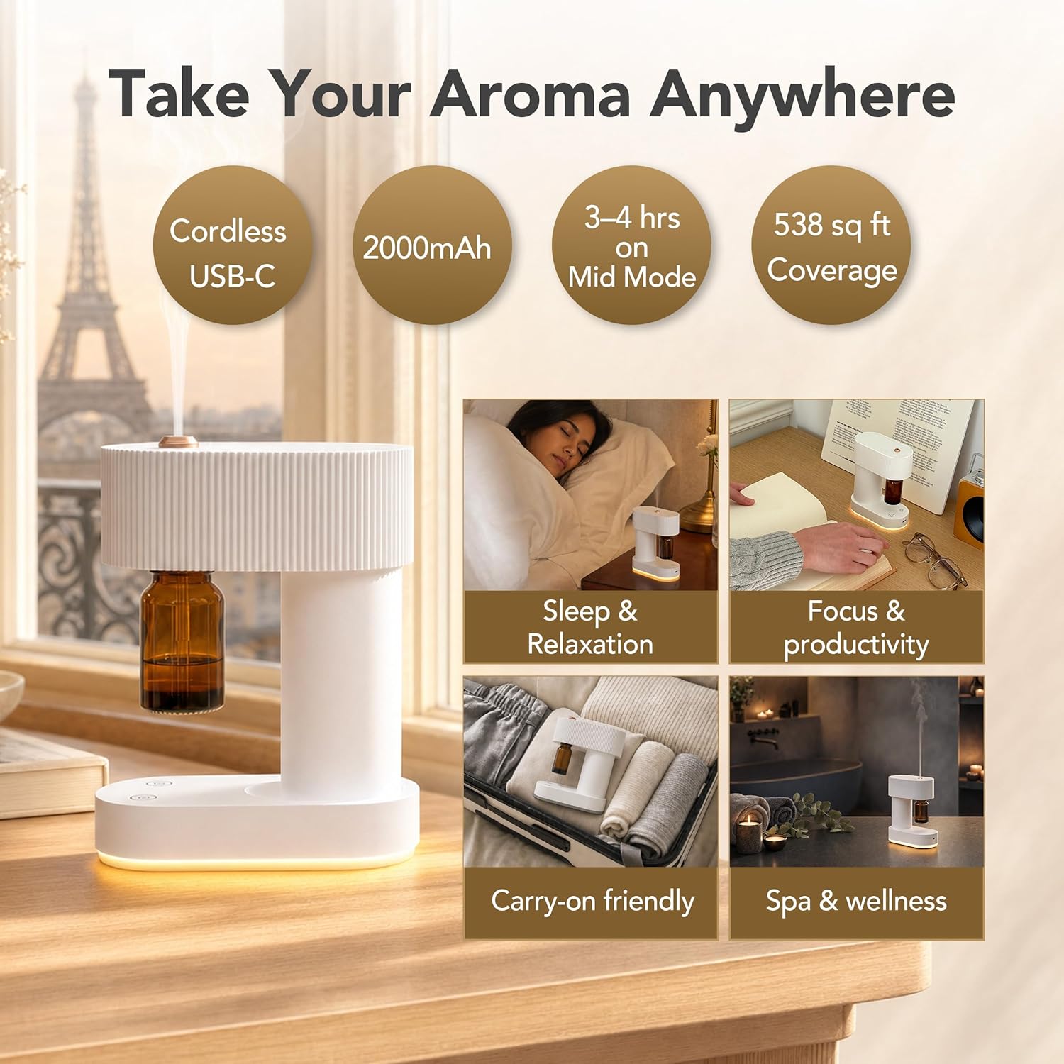 Waterless Essential Oil Diffuser Cordless Nebulizing Aroma Diffuser Whisper-Quiet 38dB USB-C Rechargeable Sculptural Korean Design Fits 10ml & 15ml Bottles Compact for Bedroom Office Spa