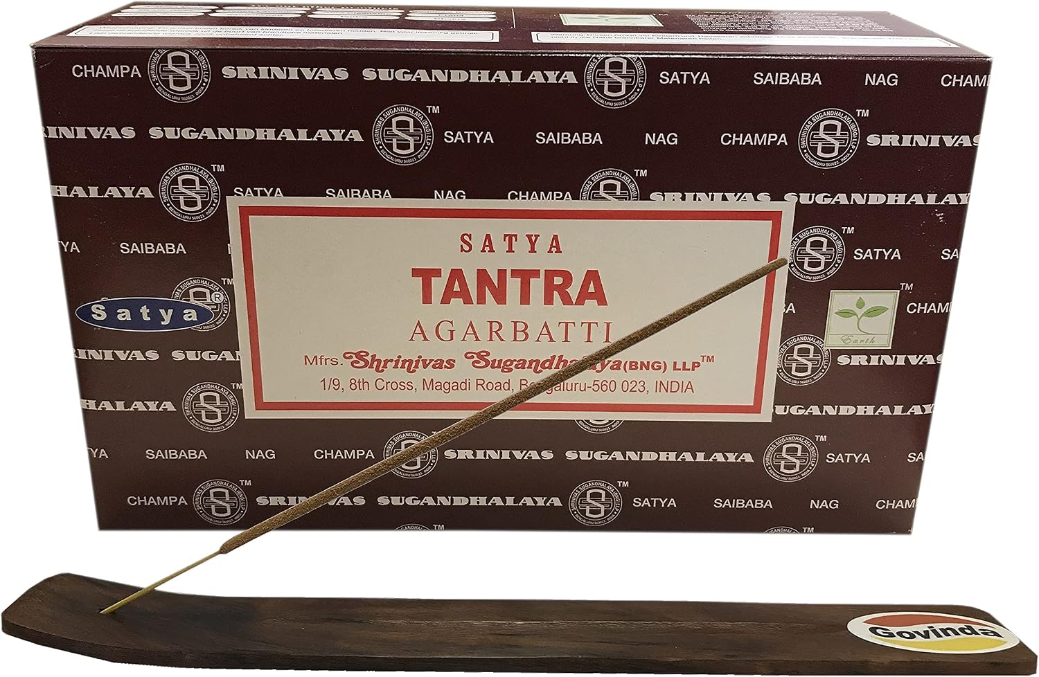 Govinda Incense Stick Holder Bundle with Satya Bangalore (BNG) Incense Sticks - 12 Boxes x 15 Grams (Tantra)