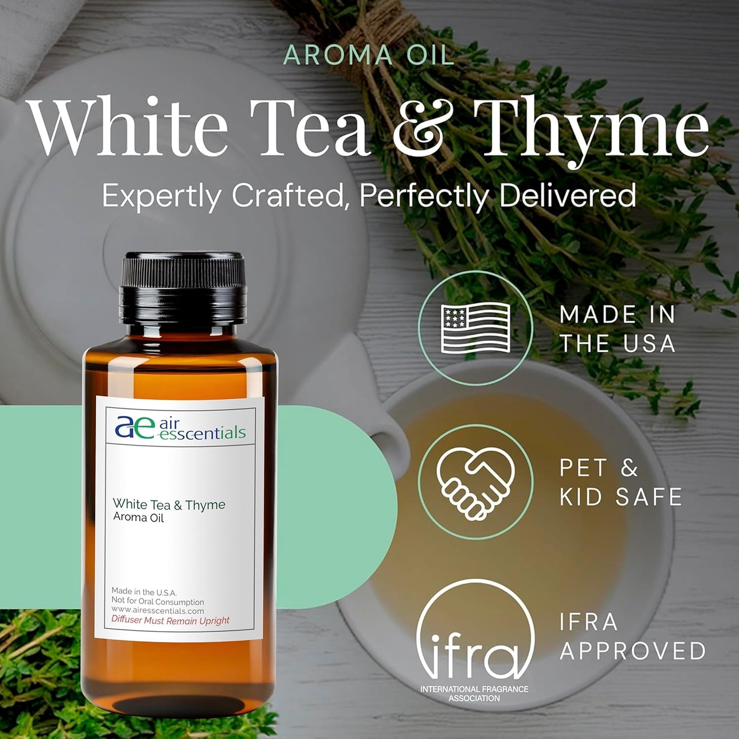 White Tea & Thyme Aroma Oil, Essential Oils Blend for Diffusers & Scent Machines, Rose Petals, Thyme & Balsam, Aromatherapy, Cold Air Diffuser Compatible, 300 mL