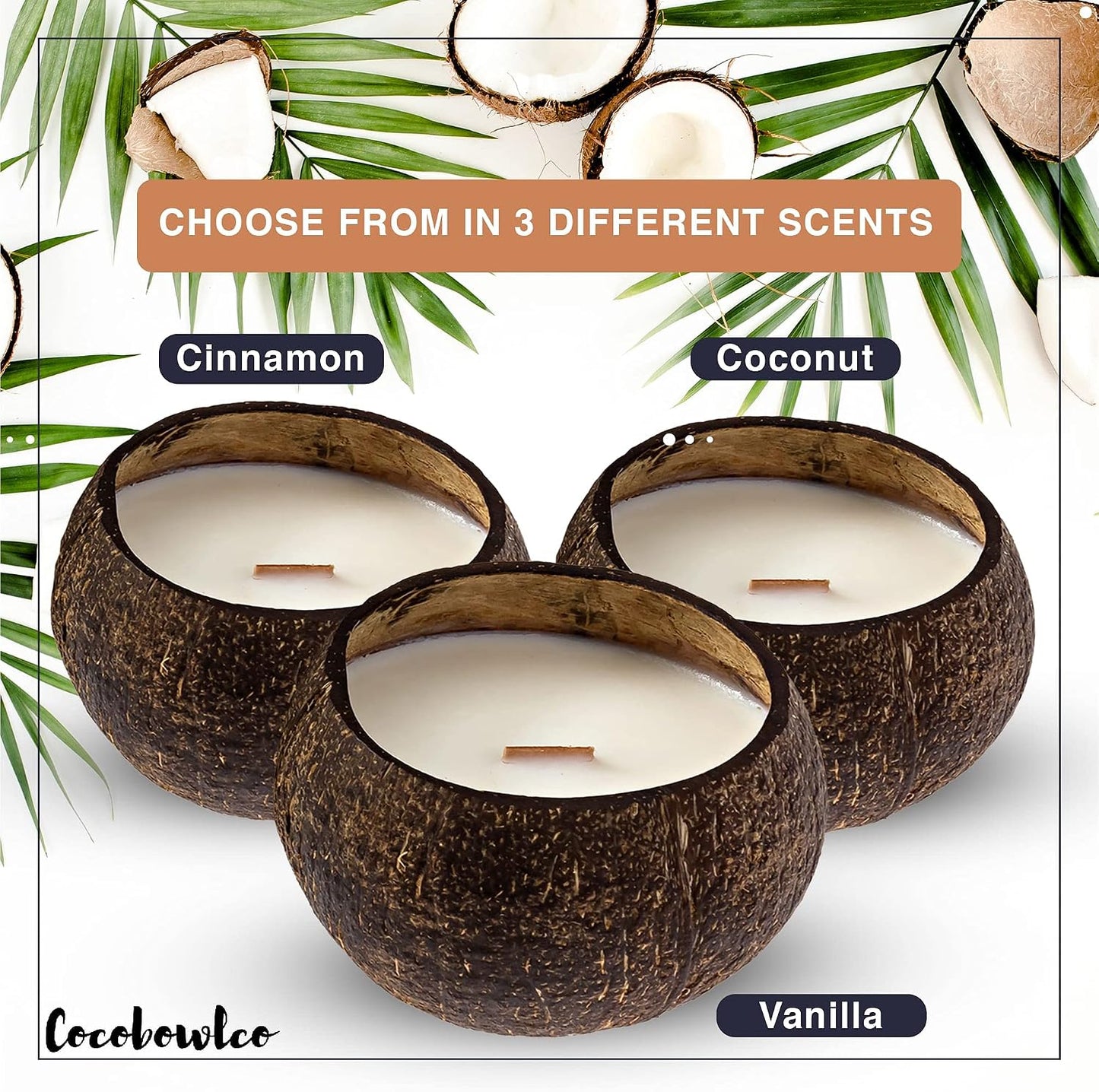 Soy Coconut Candle - Vanilla Scent, Wood Wick, Real Coconut Shell, Eco-Friendly, 45+ Hours Burn Time