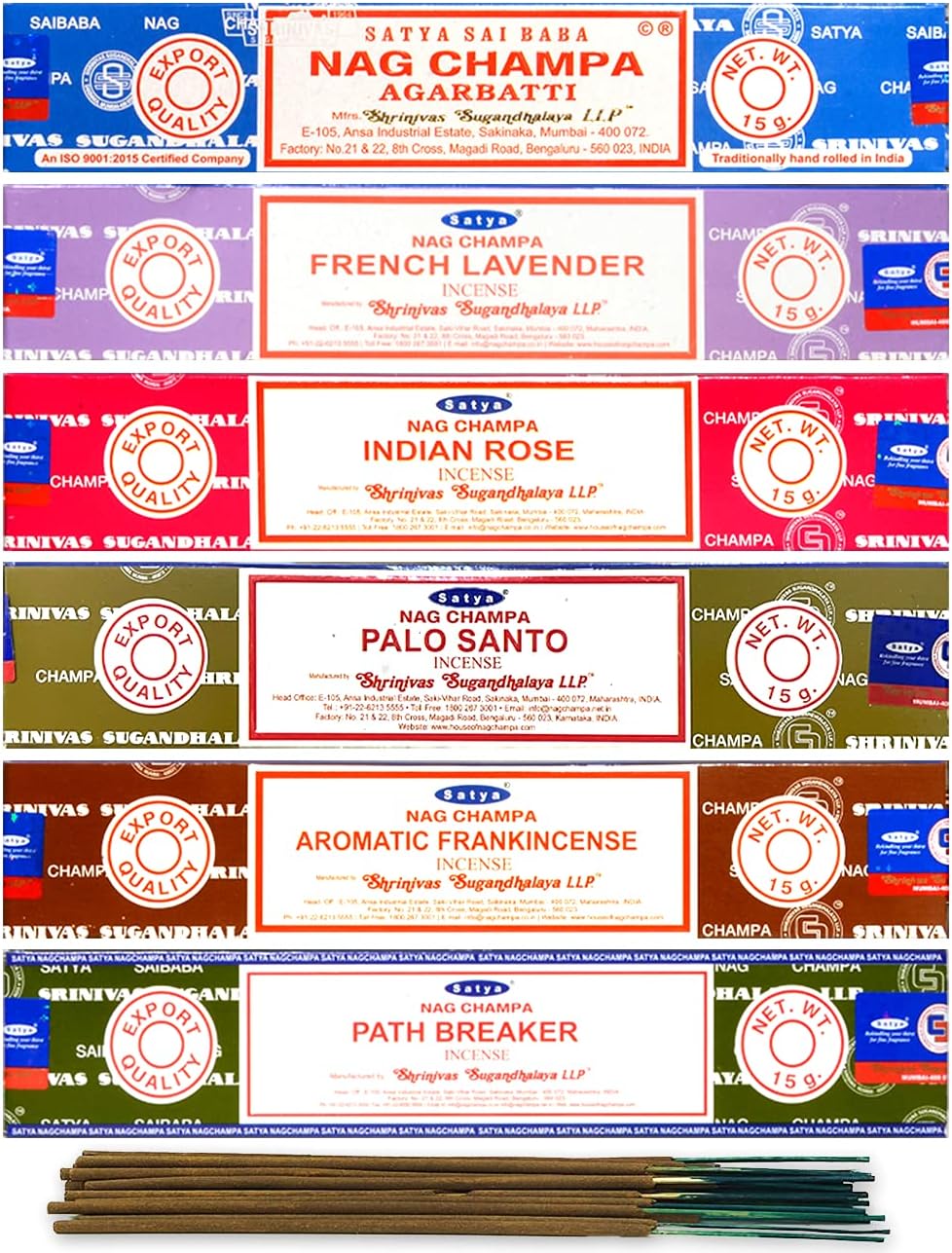 Satya Organic Incense Sticks- Gift Set of 6 Pack - Nag Champa,Indian Rose,French Lavender,Aromatic Frankincense, Palo Santo,Path Breaker, Natural Incense Sticks 15 Grams x 6 Pack, Blue