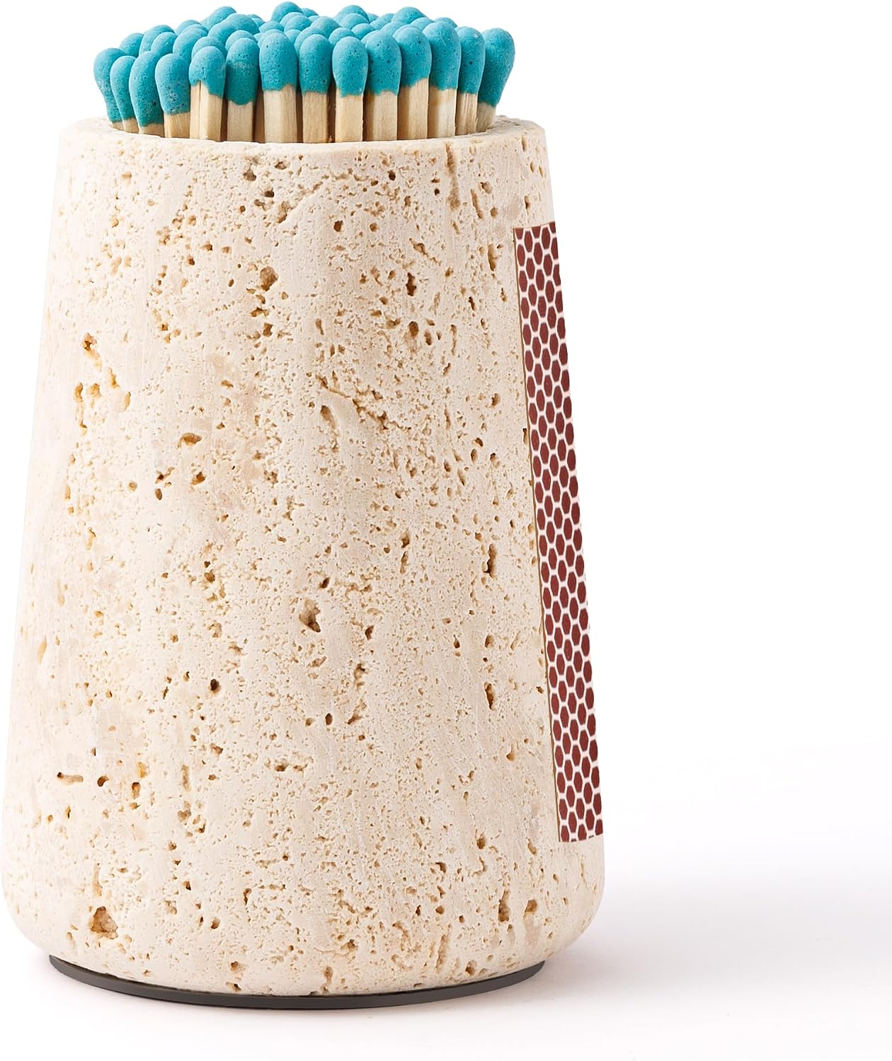 Travertine Match Holder with Striker & Extra Striker Pad - 2.9" x 3.9" Large Decorative Matchstick Organizer for Fireplace, Candles, Parlor Match Jar for Home Decor Gift, Matches Not Included