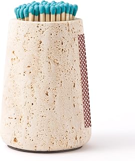 Travertine Match Holder with Striker & Extra Striker Pad - 2.9" x 3.9" Large Decorative Matchstick Organizer for Fireplace, Candles, Parlor Match Jar for Home Decor Gift, Matches Not Included