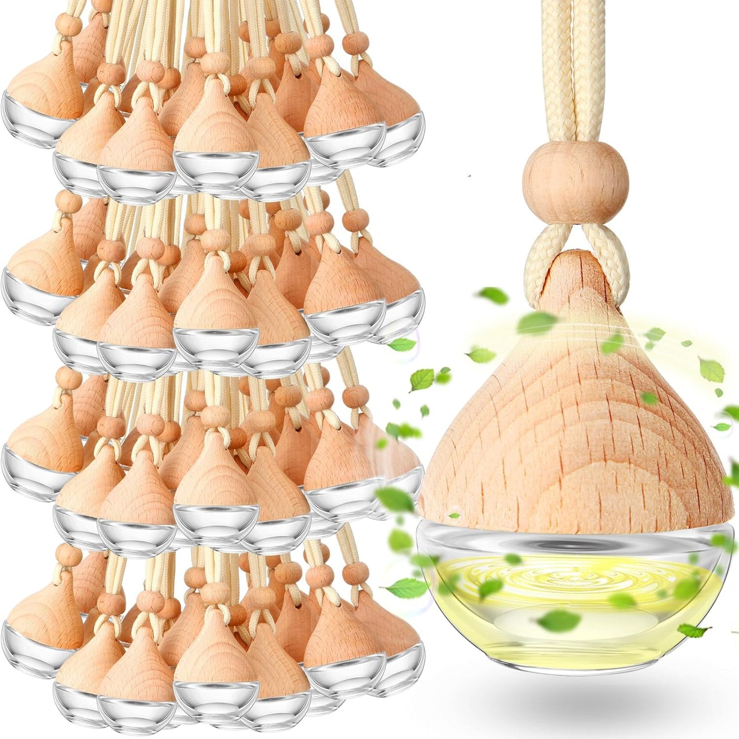 Rtteri 100 Pcs Hanging Car Air Freshener Diffuser Bottles Empty Glass Perfume Diffuser Vials Refillable Oil Aromatherapy Pendant with Wooden Caps and Hanging String for Car Home Office Decor(Drop)
