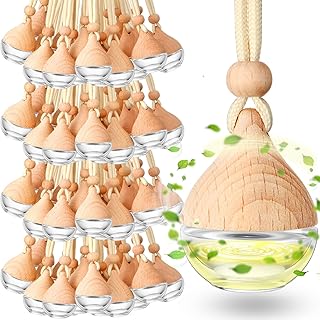 Rtteri 100 Pcs Hanging Car Air Freshener Diffuser Bottles Empty Glass Perfume Diffuser Vials Refillable Oil Aromatherapy Pendant with Wooden Caps and Hanging String for Car Home Office Decor(Drop)