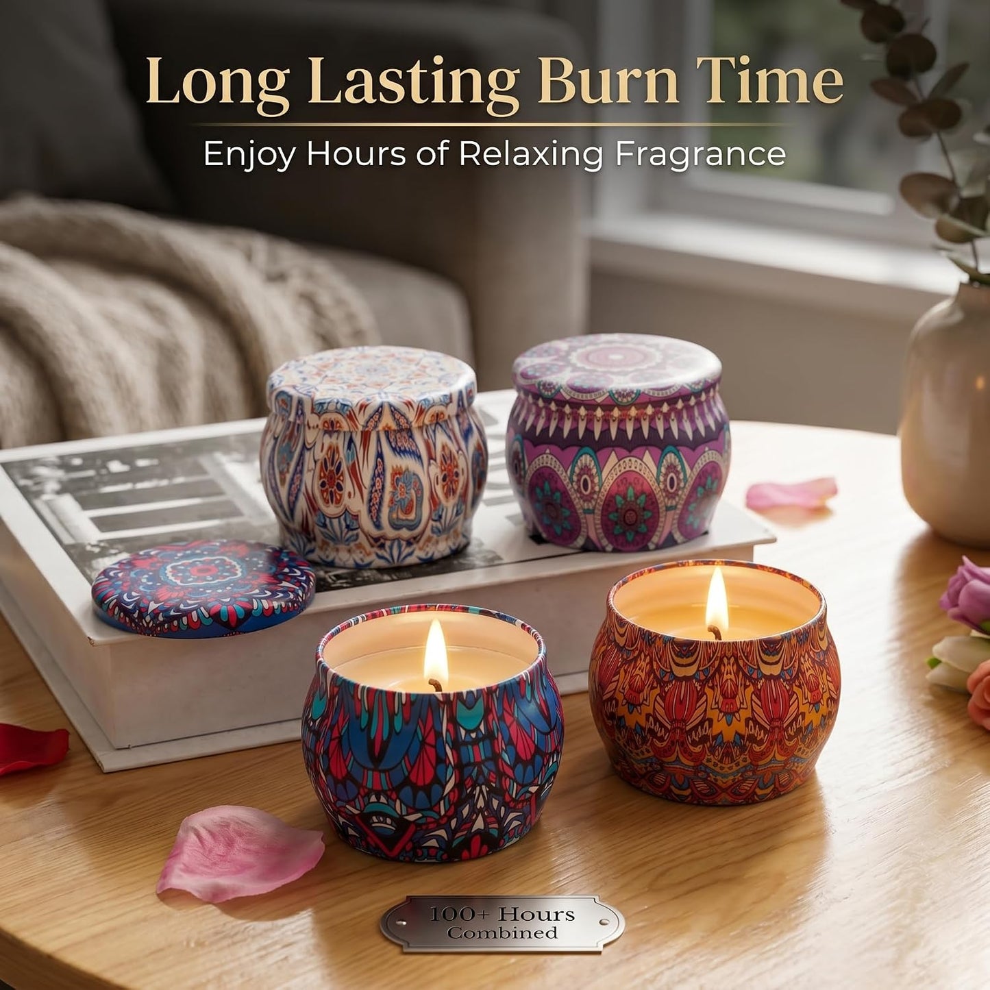 Topadorn 4 Pack Scented Candles Gift Set, Soy Wax Aromatherapy Candles in Decorative Boho Tins, Lavender Rose Vanilla Lemon Candle Gift Box for Women, Home Decor & Relaxation
