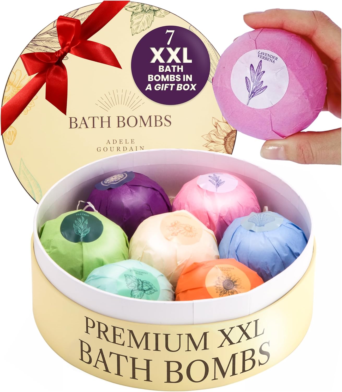 ADELEGOURDAIN Bath Bombs Set 7 pcs - Gift Set for Women, 200g Extra Large Oversized, Mineral Bath Bombs for Sensitive Skin, Gift Set Box for Her Birthday