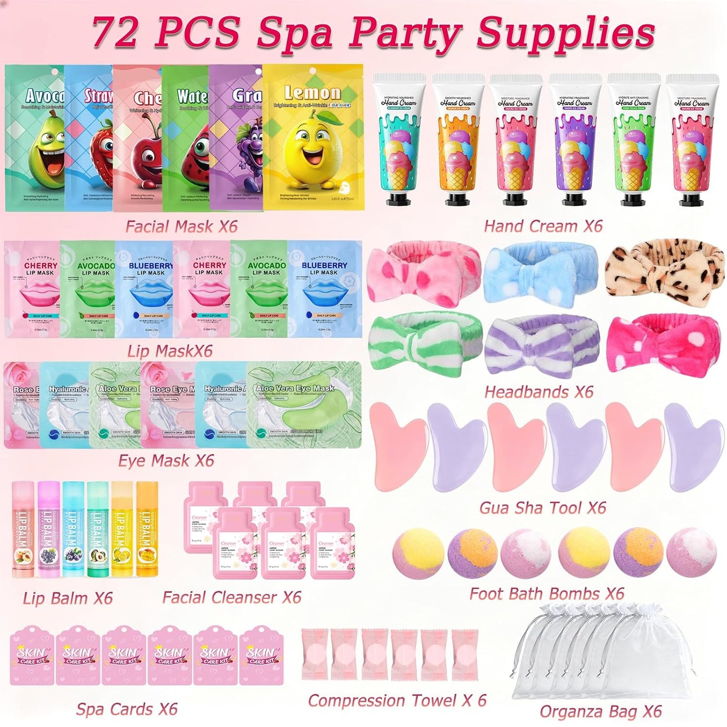 72 PCS Spa Party Supplies for Girls,Spa Party Favors Include Face Masks Skincare, Lip Balm, Under Eye Patches, Foot Bath Bomb,Spa Headband, Sleepover Party Supplies Spa Birthday Kit for Women