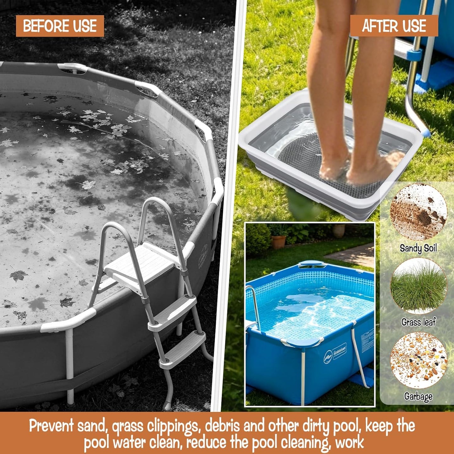 Collapsible Portable Pool Foot Bath, Non- Slip Collapsible Pool Foot Wash Basin Tub for Swimming Pool Ladder Above Ground Swimming Pools Accessories Beach Hot Tub, Keeps Water Clean