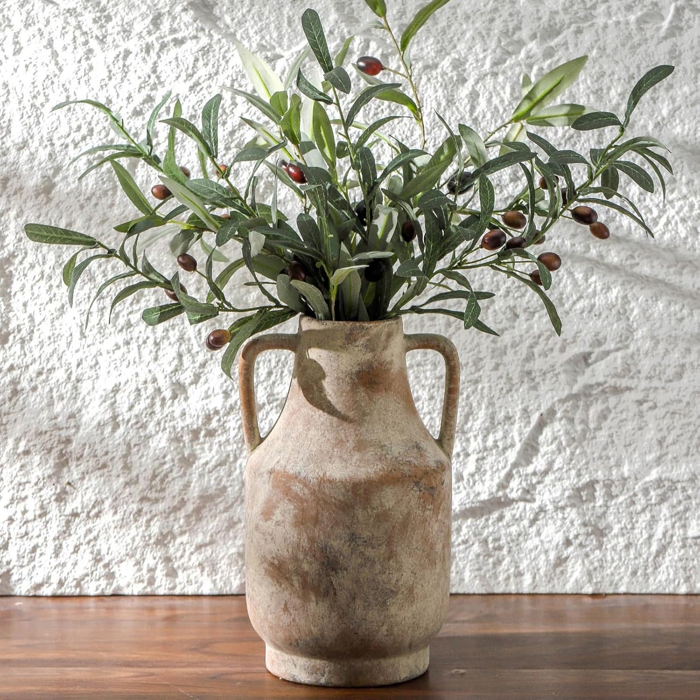 Ceramic Flower Vase with Handles, 11 inch Tall Vase for Centerpieces, Large Decorative Terracotta Vases, Farmhouse Rustic Vases for Home Decor, Living Room, Table, Neutral