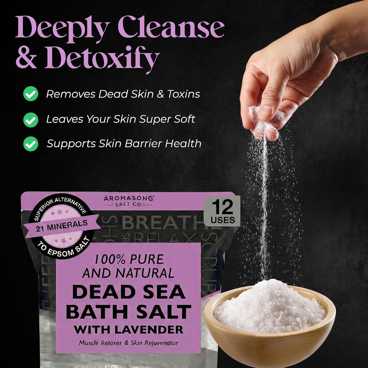 Aromasong Pure Dead Sea Salt for Soaking with 100% Natural Lavender, 5 LB - Spa Bath Salt Fine Grain - Body Wash Scrub - Soak for Women & Men- Bulk Resealable Pack (Packaging May Vary)