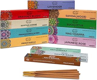 Raajsee Incense Sticks Assorted Pack (180 gm), 100% Pure Organic Natural Hand Rolled Free from Chemicals - Perfect for Aromatherapy, Cleansing, Meditation, and Church (12 Pack)