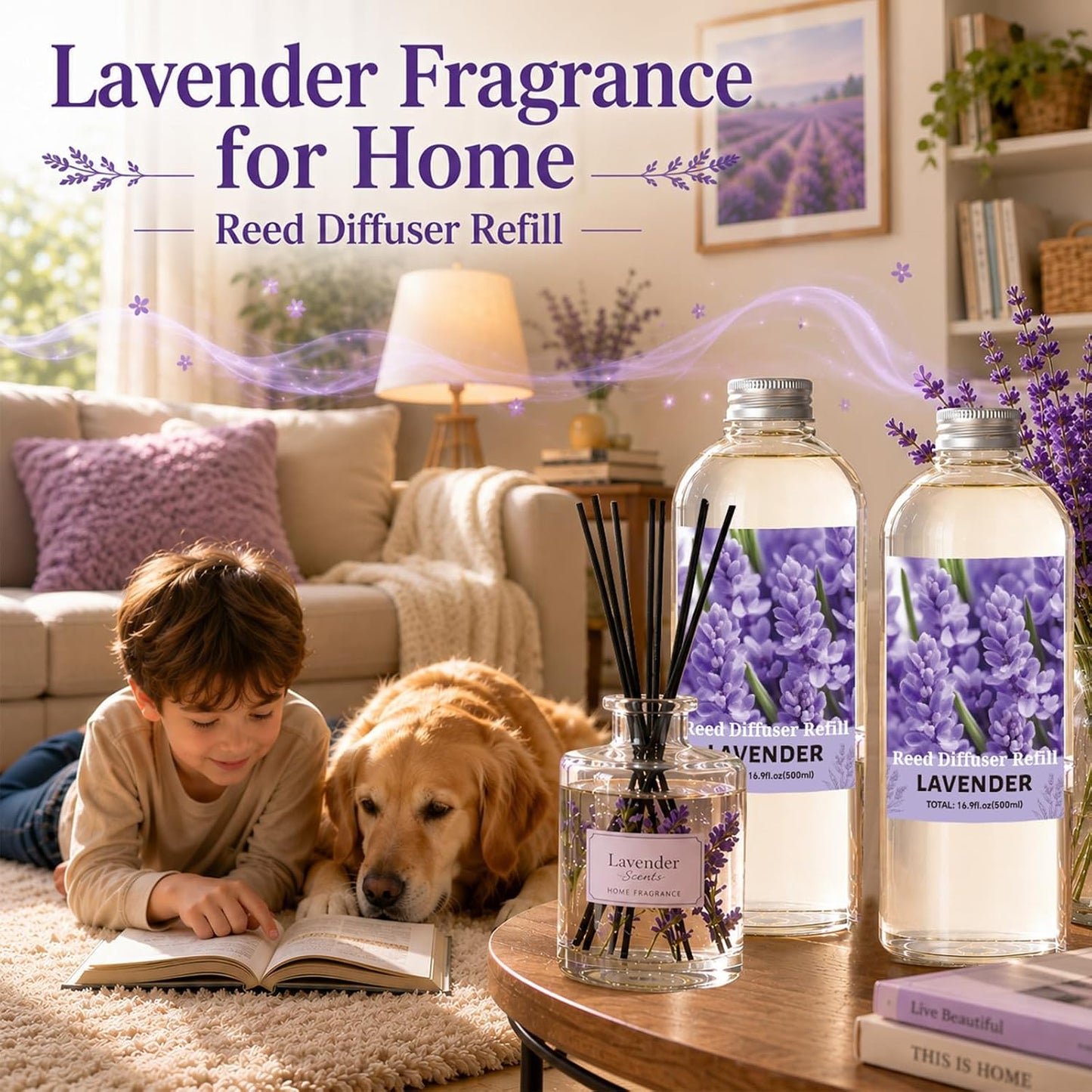 STRN Lavender Reed Diffuser Refill 1000ml Large Capacity with 12 Reed Sticks, Summer Aromatherapy for Home, Long-Lasting Fragrance for Living Room, Bedroom, Office, Bathroom