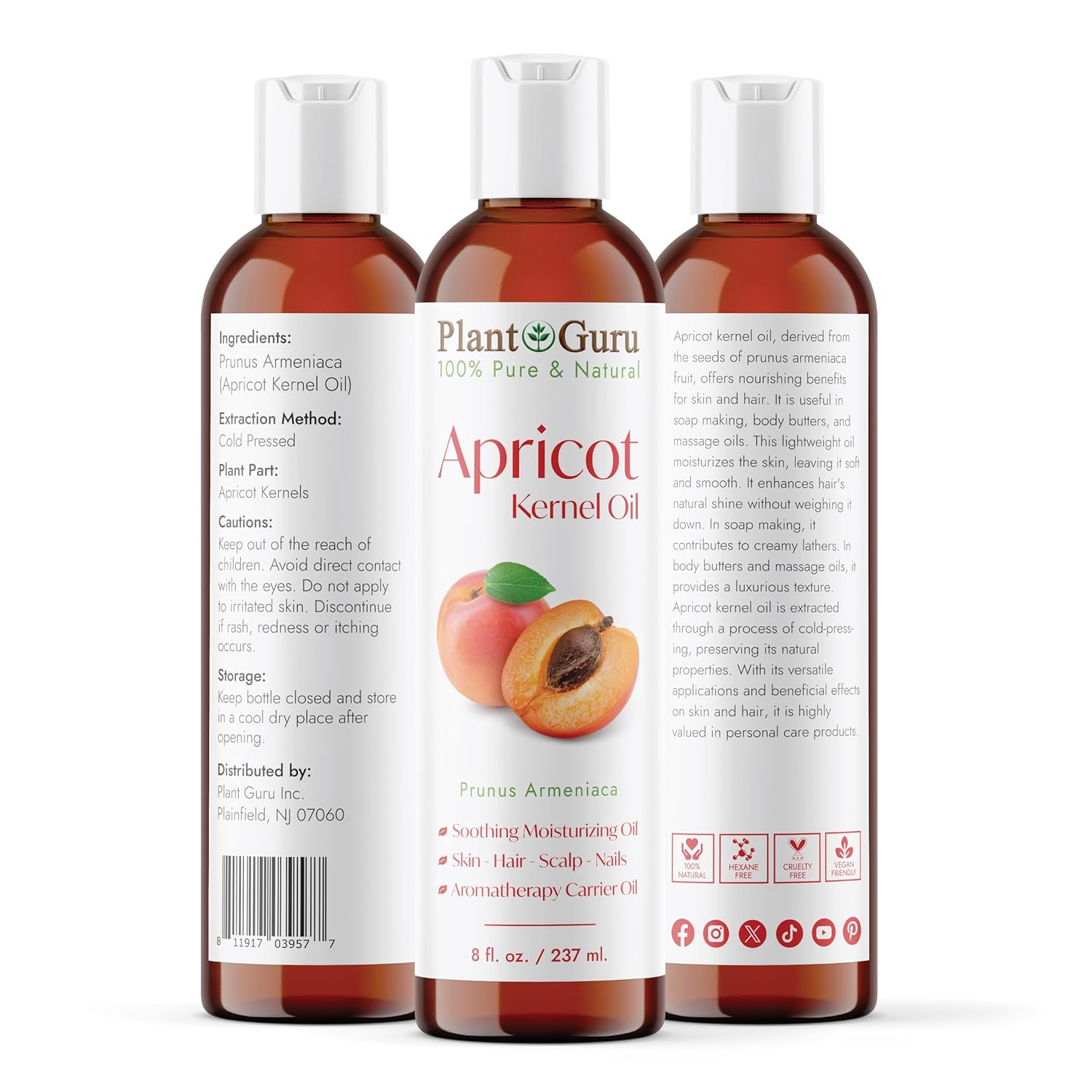 Apricot Kernel Oil 8 fl. oz. Cold Pressed 100% Pure Natural Carrier - Skin, Face, Body And Hair Growth Moisturizer. Great For DIY Cream, Lotions and Lip balm.