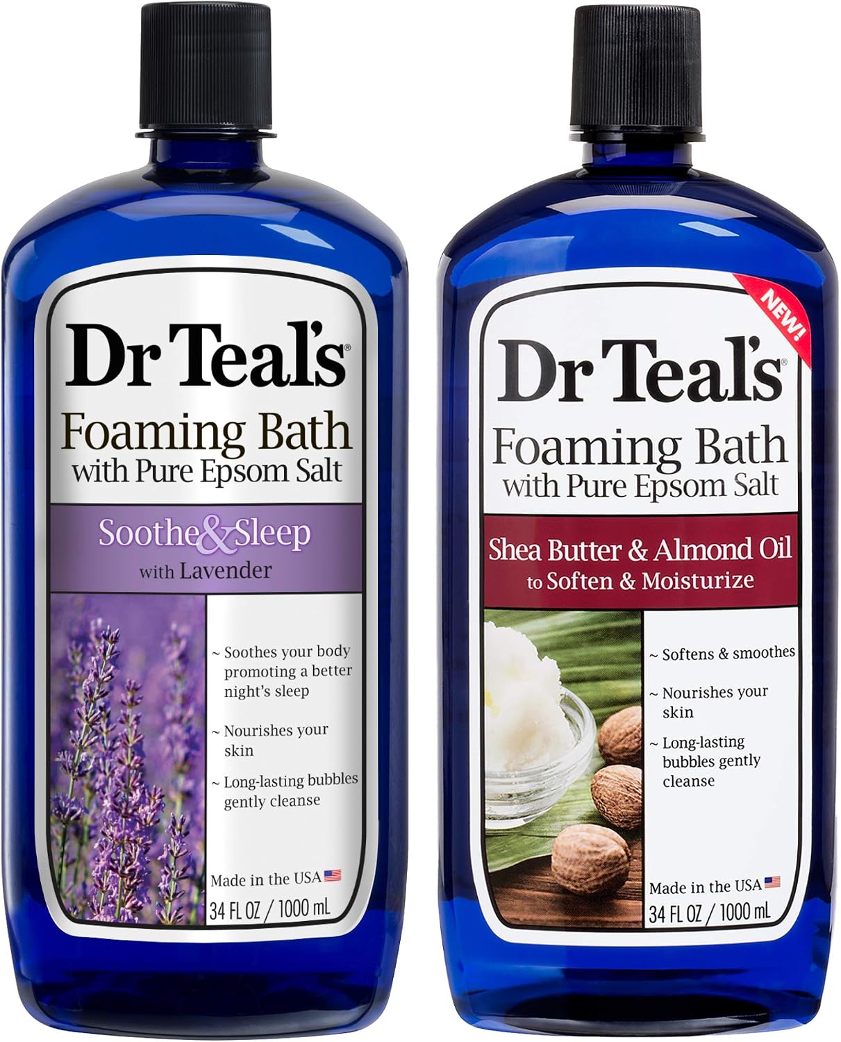 Dr. Teal's Foaming Bath Variety Gift Set (2 Pack, 34oz Ea.) - Soothe & Sleep Lavender, Moisturizing Shea Butter & Almond Oil - Essential Oils Blended with Pure Epsom Salt Ease Pain & Relieve Stress