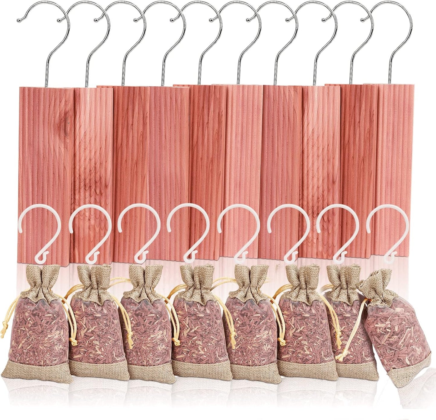 Homode Cedar Blocks for Clothes Storage, Cedar Sachets with Hanging Hooks, Set of 18, Aromatic Cedar Wood for Drawers and Closets, 10 Cedar Hangers and 8 Bags