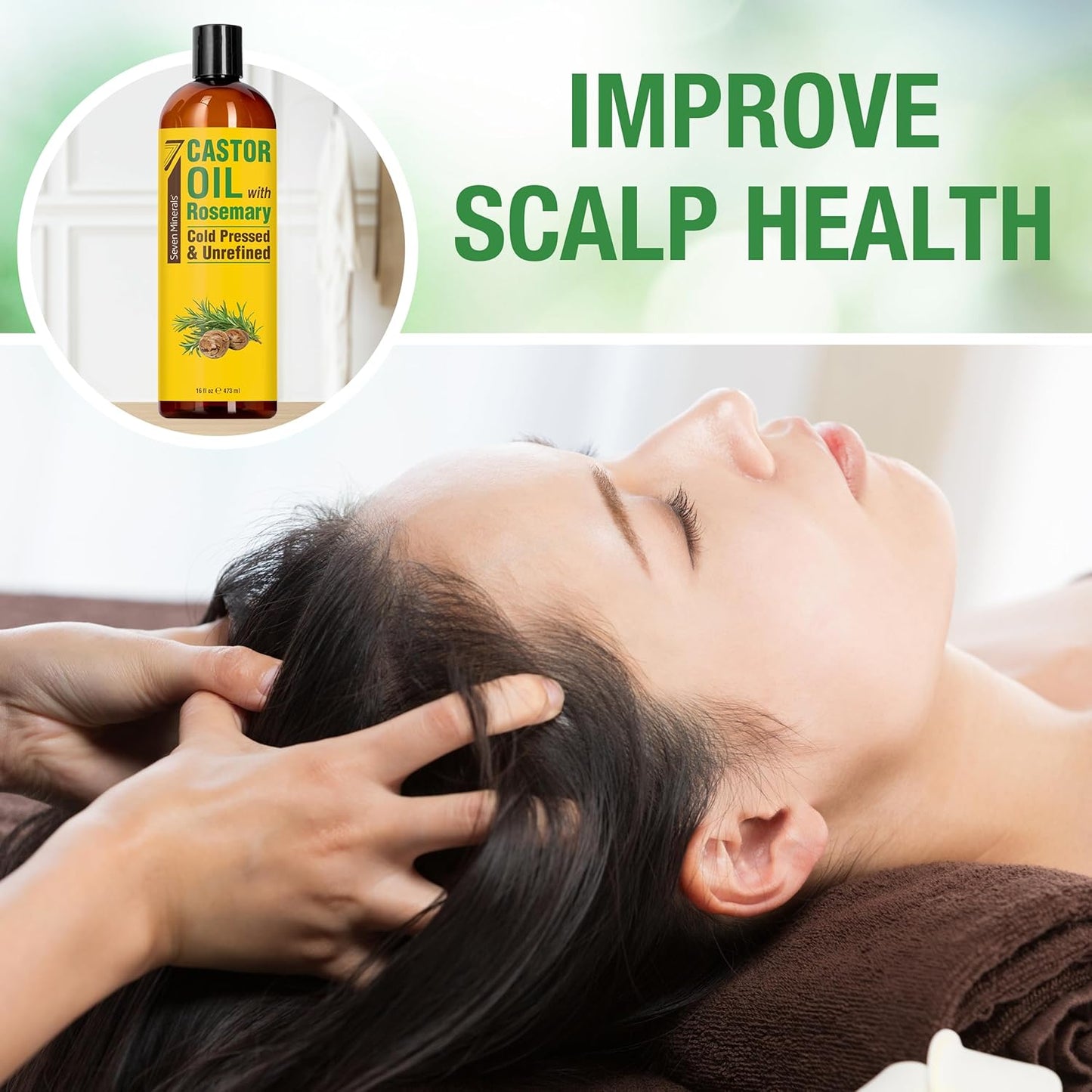 Seven Minerals Cold Pressed Castor Oil with Rosemary - 16 fl oz Bottle - Unrefined & Hexane Free - Hair Growth, Thicker Eyelashes & Eyebrows, Dry Skin Care, Joint and Muscle Pain (Pack of 1)