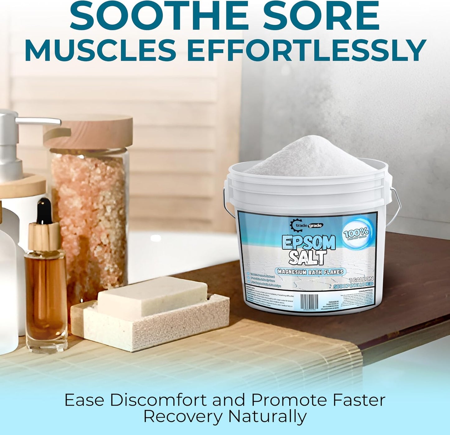 TradeGrade Epsom Salt Bath Soak 1 Gallon Bucket – Unscented, Pure Epsom Salt Bulk Crystals, Magnesium Sulfate for Full Body or Foot Soaks, Resealable Container for Home Bath Use