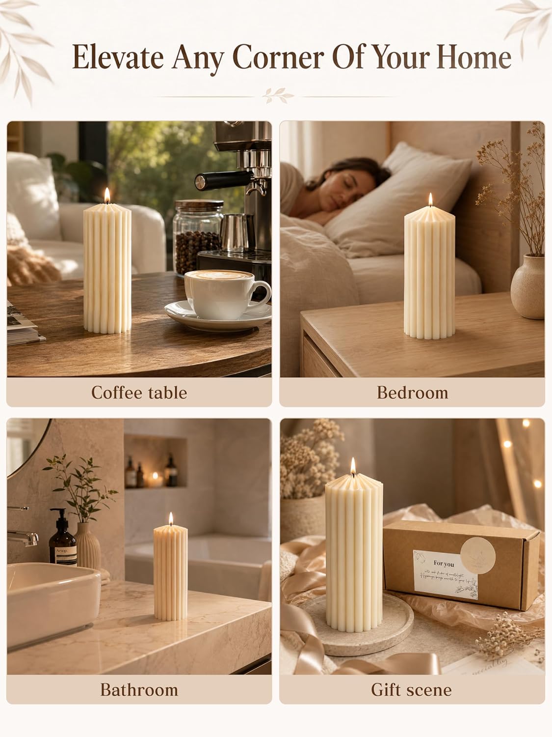 White Ribbed Pillar Candle, Decorative Home Gift, 8 Inch
