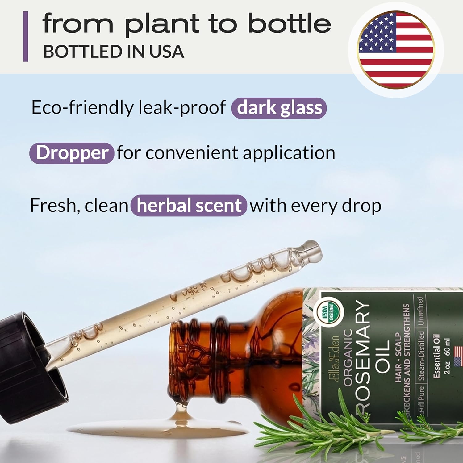 Ella & Eden Organic Rosemary Oil For Hair Growth - 2 Fl Oz, USDA Certified, 100% Pure, Steam-Distilled, USA Made, Hexane-Free - Rosemary Essential Oil for Skin, Aromatherapy - Glass Bottle