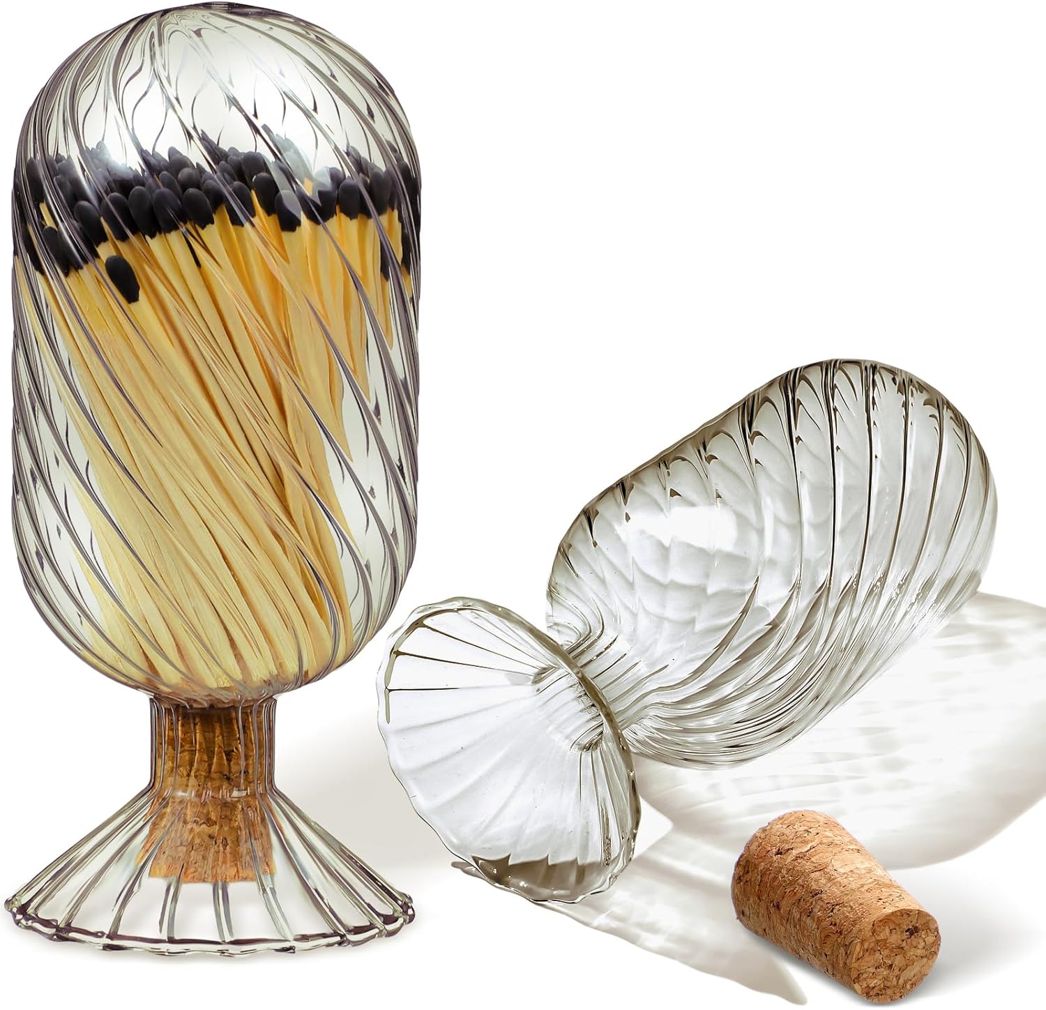 Cinnvoice Helix Shaped Glass Matches Cloche Decorative for 4 Inch Candle Matches Trendy Fireplace Display Decor, Not Include Matches(Smoke Grey,2.95 x 6.1 Inch)