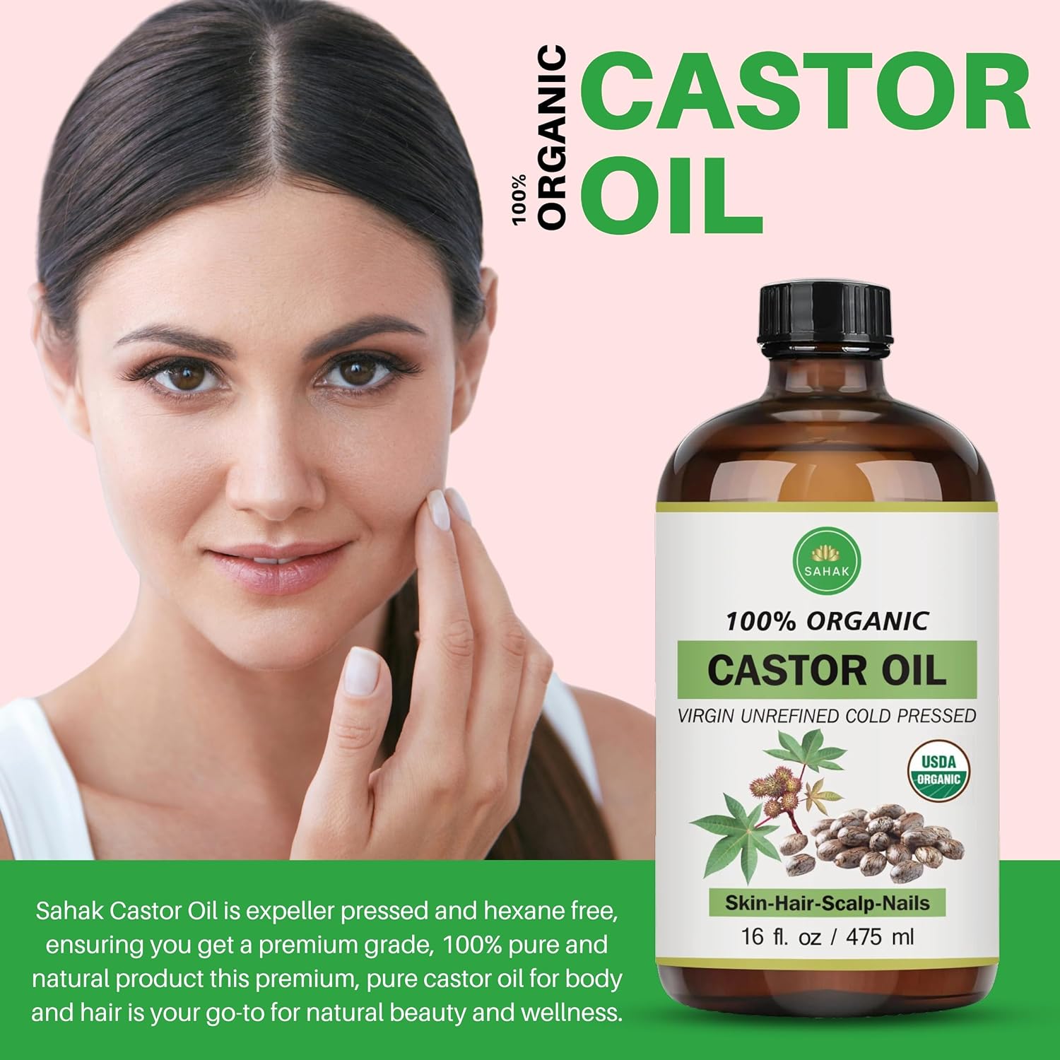 Extra Virgin USDA 100% Organic Castor Oil for Hair, Brows, Lashes & Skin – Cold-Pressed, Hexane-Free, Mess-Free Pump in 16oz Glass Bottle