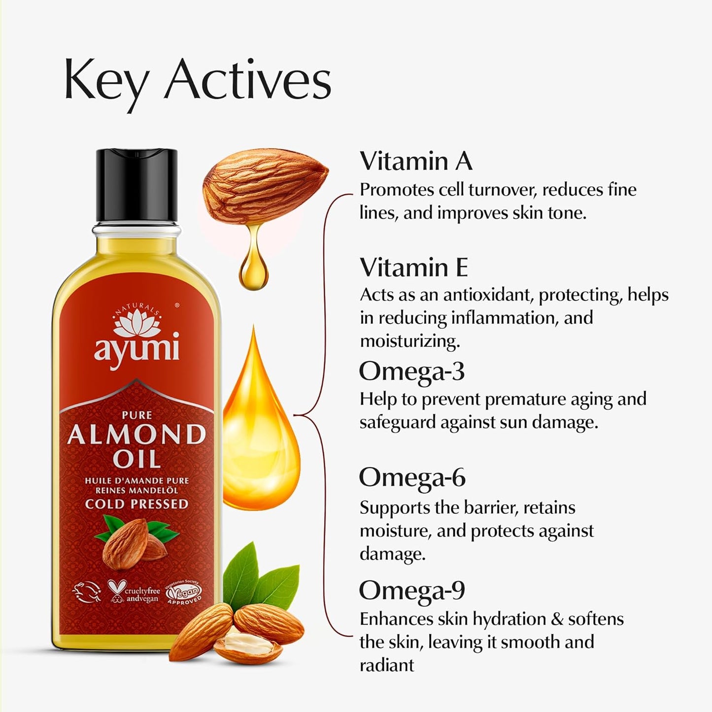 Ayumi Sweet Almond Oil with Vitamin E | Natural Stretch Mark Oil for Scar Treatment | Almond Hair Oil for Dry Hair | FaceOil for Dry Skin | Vegan NailOil & Cuticle Oil for Skin Care | 5.3 Fl oz