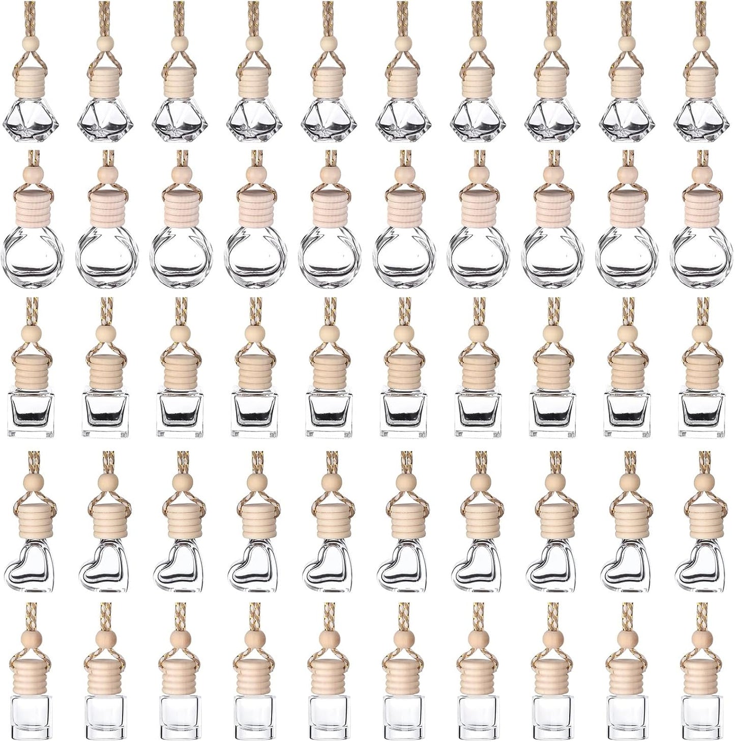 50Pcs 8ml&6ml Hanging Car Air Freshener Diffuser Empty Clear Glass Essential Diffuser Oil Aromatherapy Fragrance Perfume Pendant Glass Vials with Wooden Caps Car Diffuser Air Freshener