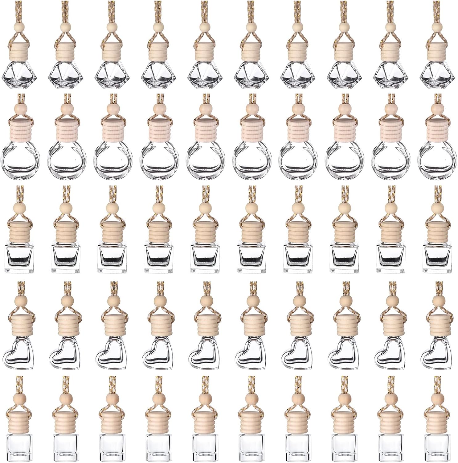 50Pcs 8ml&6ml Hanging Car Air Freshener Diffuser Empty Clear Glass Essential Diffuser Oil Aromatherapy Fragrance Perfume Pendant Glass Vials with Wooden Caps Car Diffuser Air Freshener