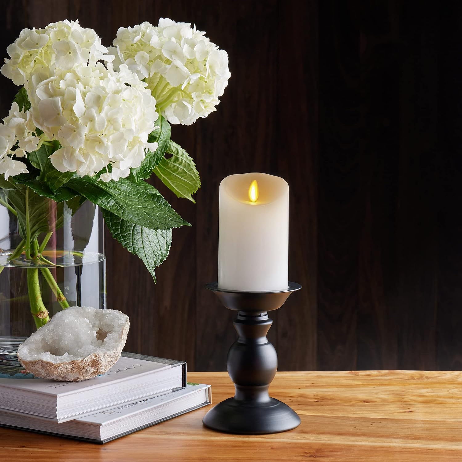 Luminara Flickering Flameless White 4.5" Scalloped Edge Pillar Candle - Warm LED Light Flame - 2 C Battery Operated Decor for Dining Room Table Centerpieces, Fireplace Mantel, Dinner Party, Reception