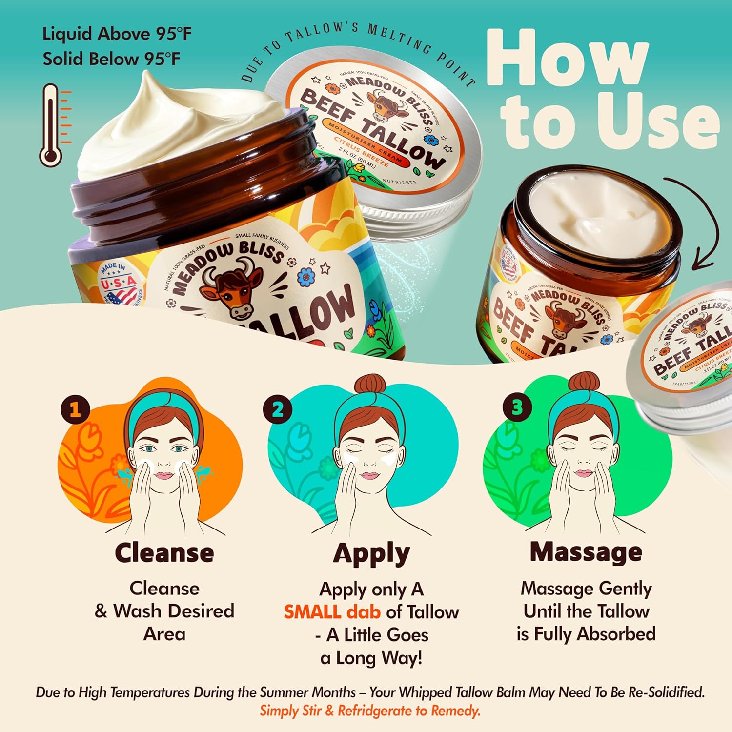 Beef Tallow for Skin - Moisturizer Cream - 100% Grass Fed - Whipped Beef Tallow - Organic Jojoba Oil - Organic Shea Butter - Supports Eczema, Rosacea+ - Made in USA - Citrus Breeze - 2 oz