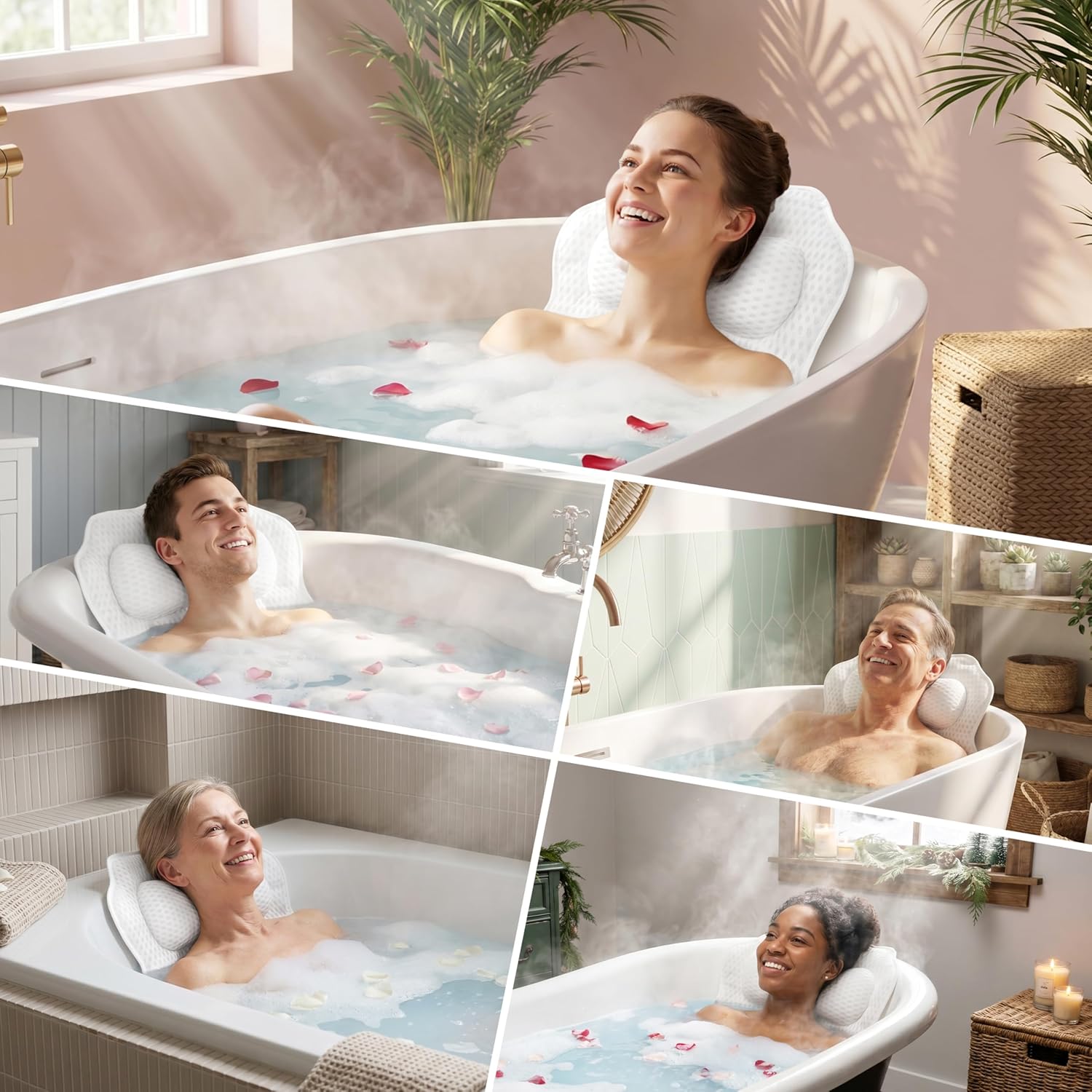 Bath Pillow,Relaxing Body Bath Pillow for Tub - Comfort 4D Mesh Bathtub Cushion Support Neck,Back,Head - Non-Slip Suction Cups,Dries Quickly - Fit Women to Use Luxury Any Bathtub Pillows as Spa Gifts