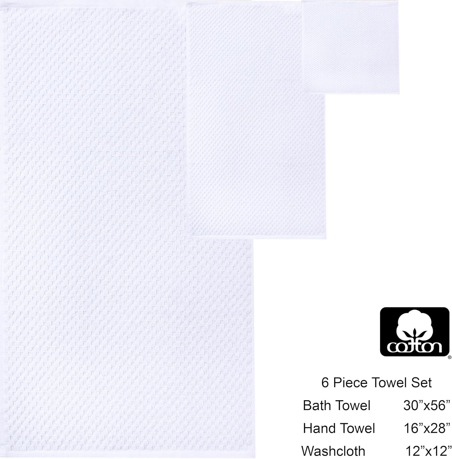 COTTON CRAFT Waffle 6 Piece Towel Set - 100% Cotton - 2 Oversized Luxury Euro Spa Waffle Weave Large Bath Towels, 2 Hand Towels, 2 Washcloths - Absorbent Quick Dry Hotel Bathroom Shower Pool - White