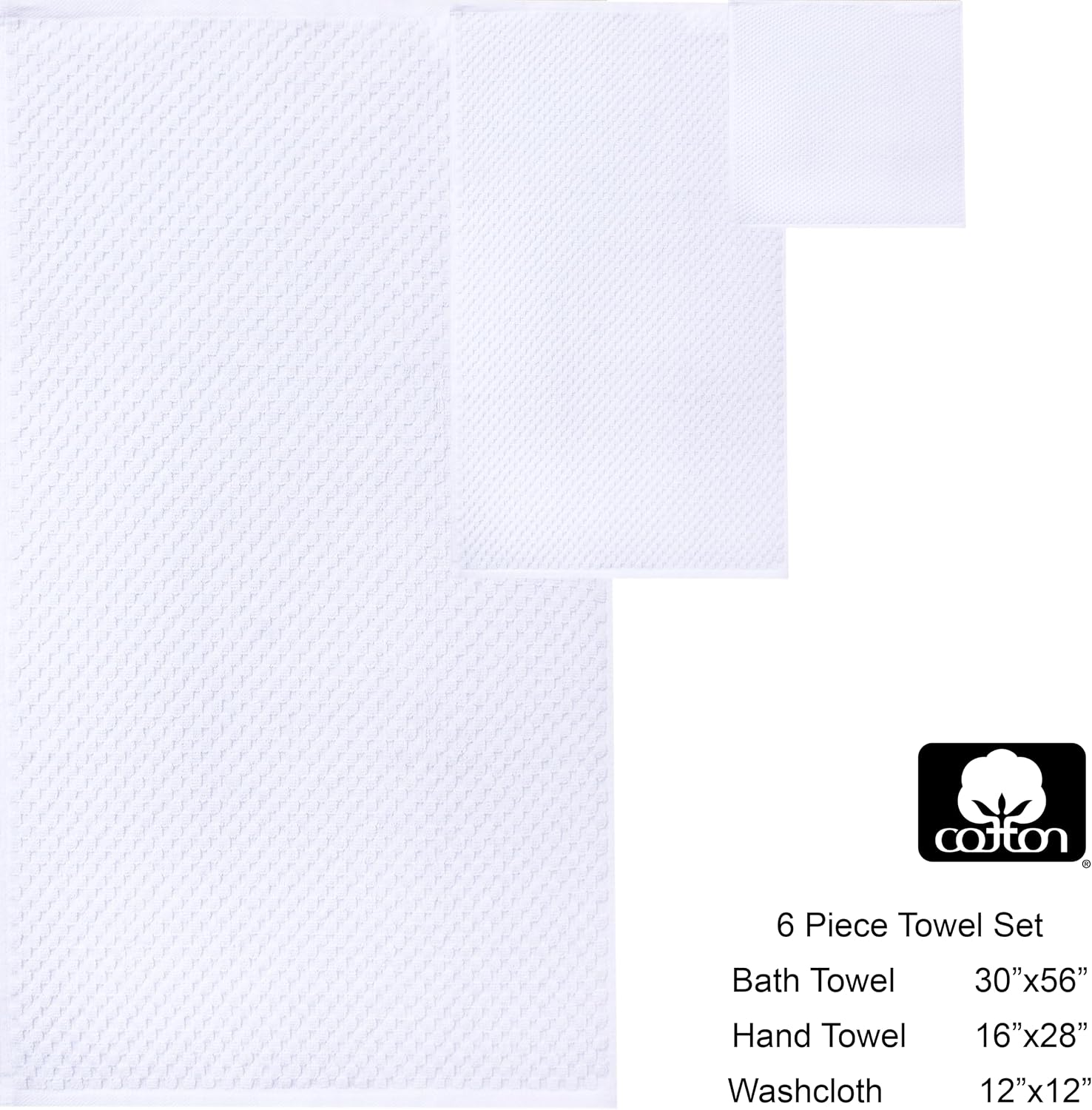 COTTON CRAFT Waffle 6 Piece Towel Set - 100% Cotton - 2 Oversized Luxury Euro Spa Waffle Weave Large Bath Towels, 2 Hand Towels, 2 Washcloths - Absorbent Quick Dry Hotel Bathroom Shower Pool - White