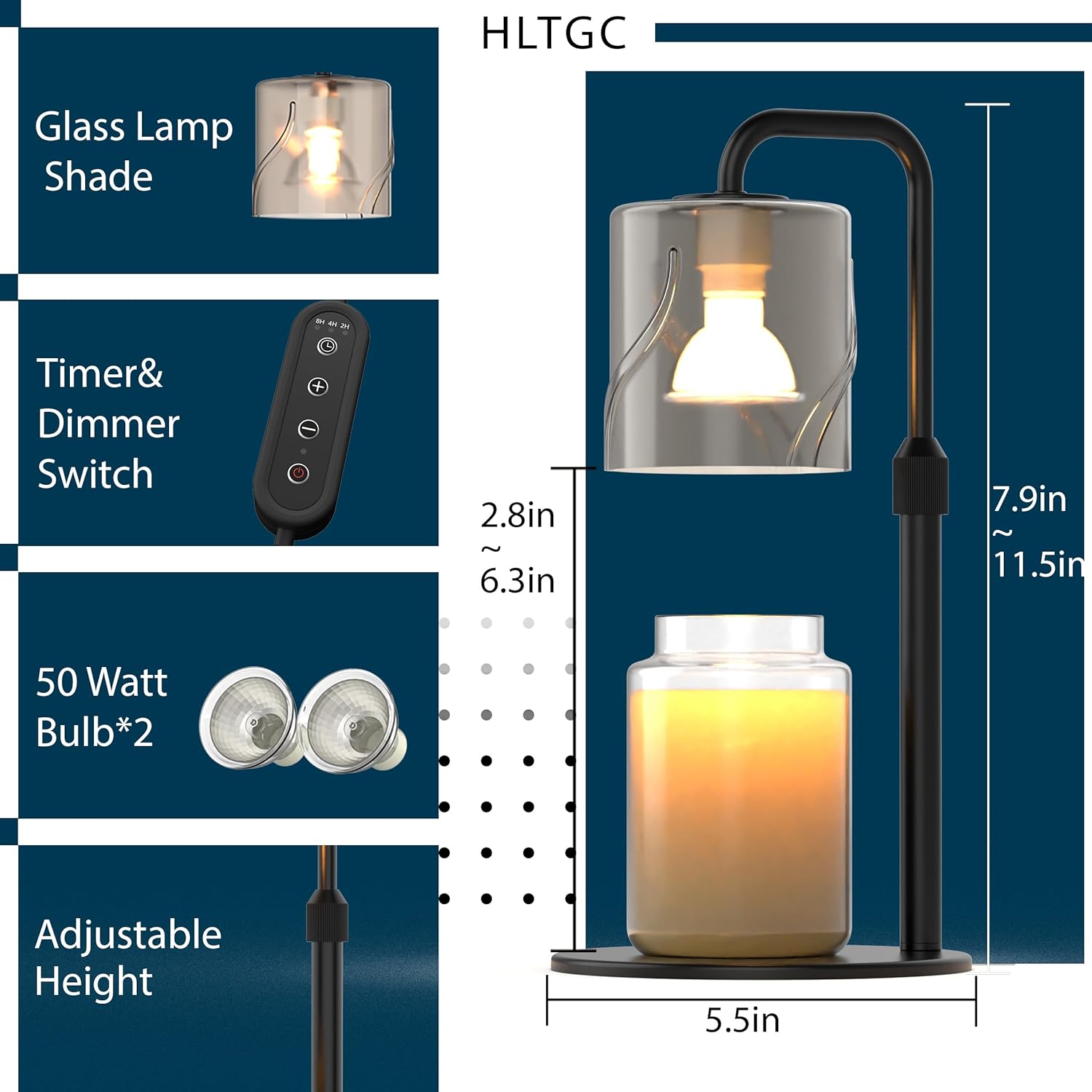 Candle Warmer Lamp with Timer Dimmer, with 2 Bulbs,Adjustable Height,Mothers Day Gifts for Mom,Birthday Gifts for Women,for Yankee Jars,for Room Home Decor (Black)