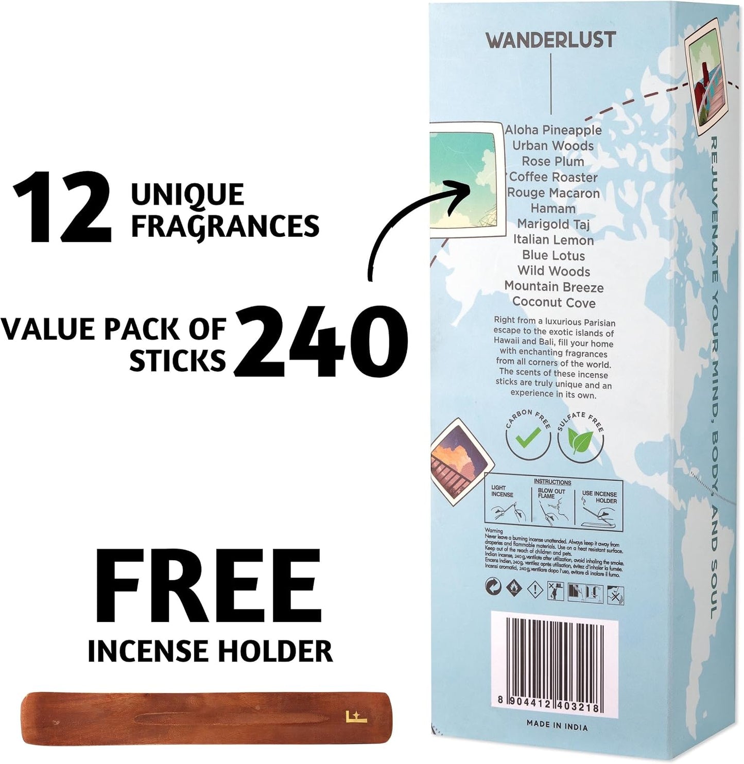 Folkulture Incense Sticks (240 Sticks) | Set of 12 Premium Incense Sticks Variety Pack Aromatherapy Gifts | No Charcoal, Organic, Non Toxic, 45 Mins, Long Burning Vanilla, Caramel, Rose Insence-Sticks