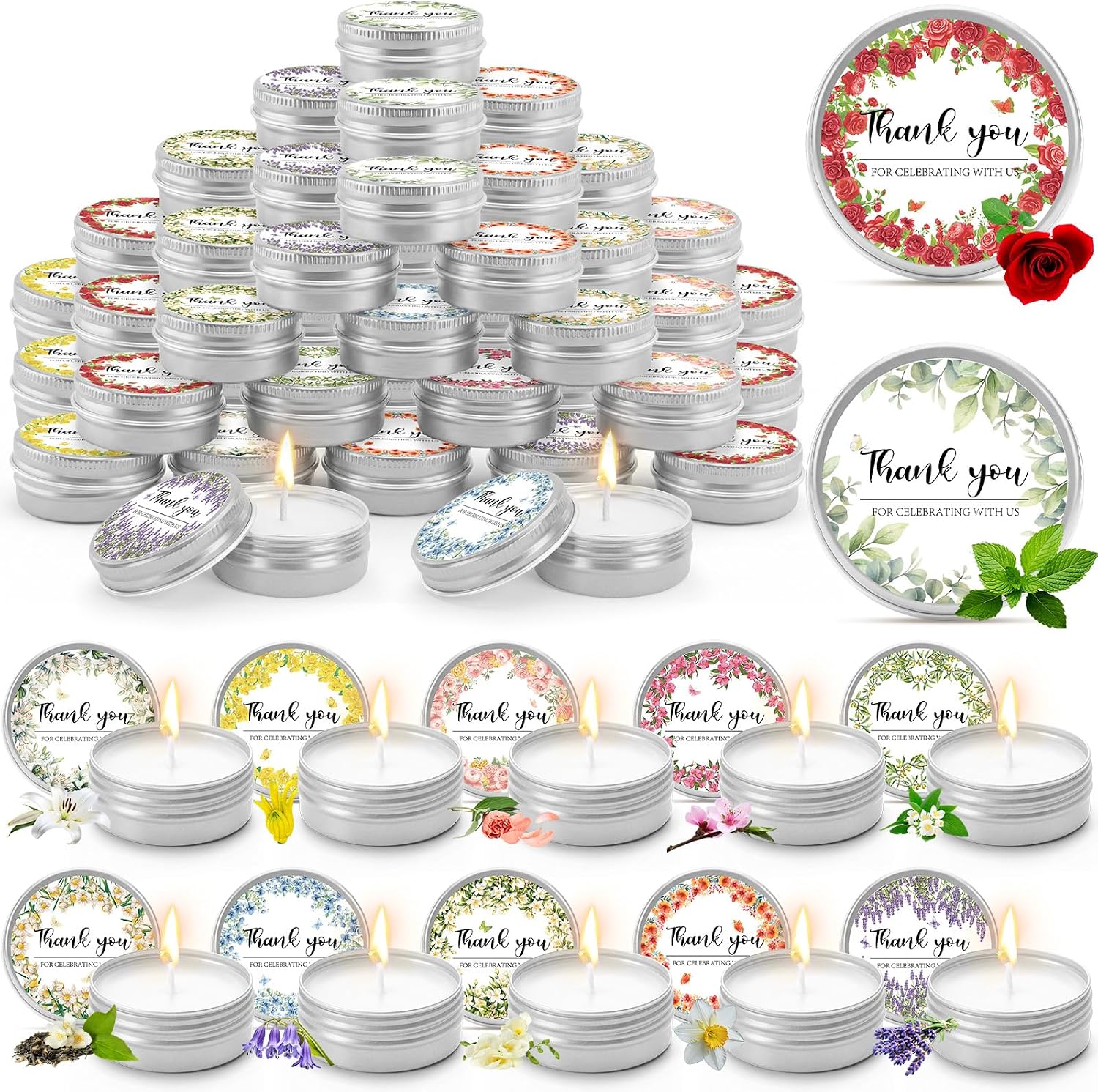 Nuanchu 50 Pcs Wedding Favors Candles Gifts for Guests Bridal Shower Party Favors 1 oz Thank You Small Tin Candle Bulk Aromatherapy Floral Scents for Wedding Celebration Bridesmaid Proposal Gift