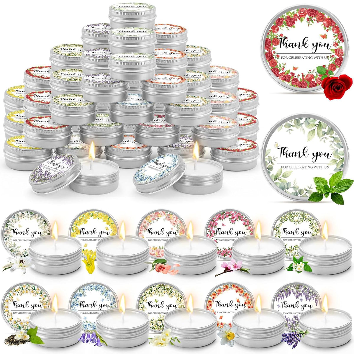 Nuanchu 50 Pcs Wedding Favors Candles Gifts for Guests Bridal Shower Party Favors 1 oz Thank You Small Tin Candle Bulk