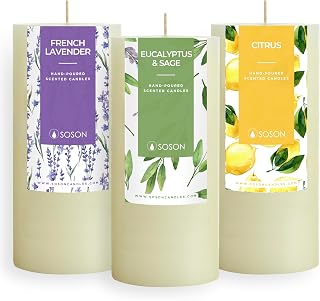 Simply Soson 3x6 in. Ivory Scented Candles Set of 3 - Eucalyptus Sage, Citrus, Rustic Lavander - Home Aromatherapy Decor
