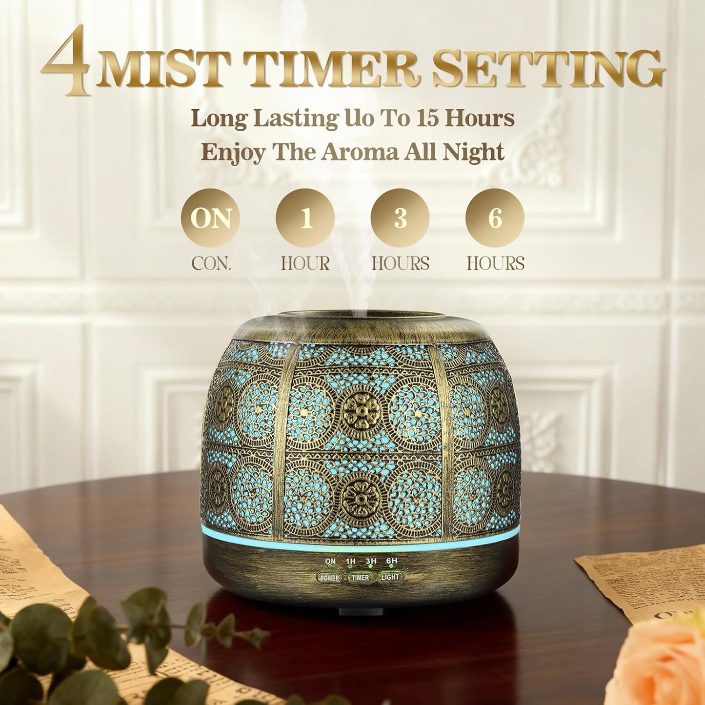 ARVIDSSON Essential Oil Diffuser 500ml, Aromatherapy Diffuser for Home, Ultrasonic Diffusers for Essential Oils, Metal Oil Diffuser with 7 Color LED Lights, Mist Timer and Auto Shut-Off Function