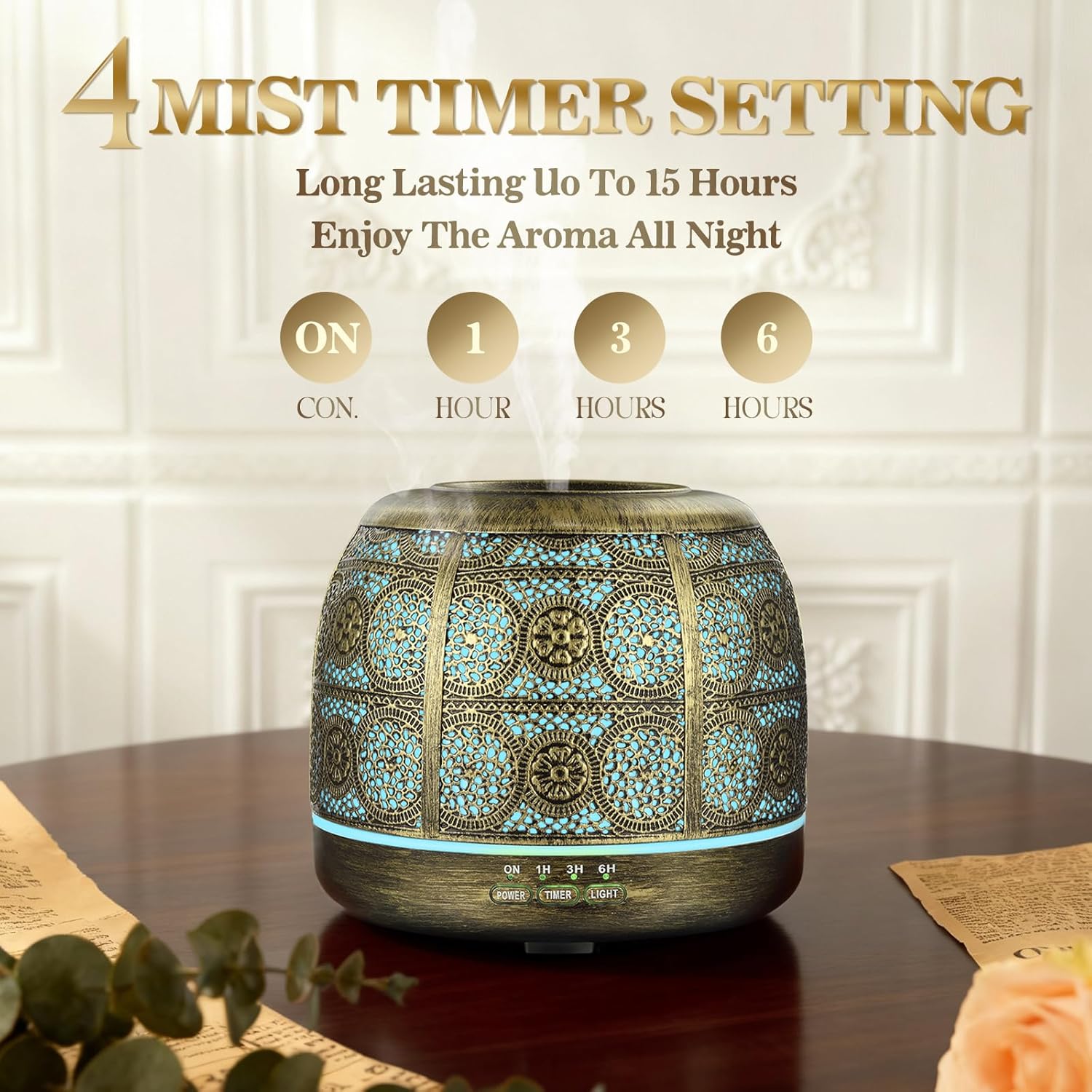 ARVIDSSON Essential Oil Diffuser 500ml, Aromatherapy Diffuser for Home, Ultrasonic Diffusers for Essential Oils, Metal Oil Diffuser with 7 Color LED Lights, Mist Timer and Auto Shut-Off Function